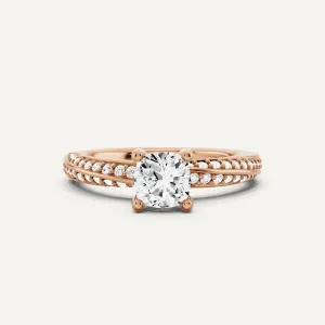 1 ctw Cushion Diamond Spiral Twist Side Stone Engagement Ring