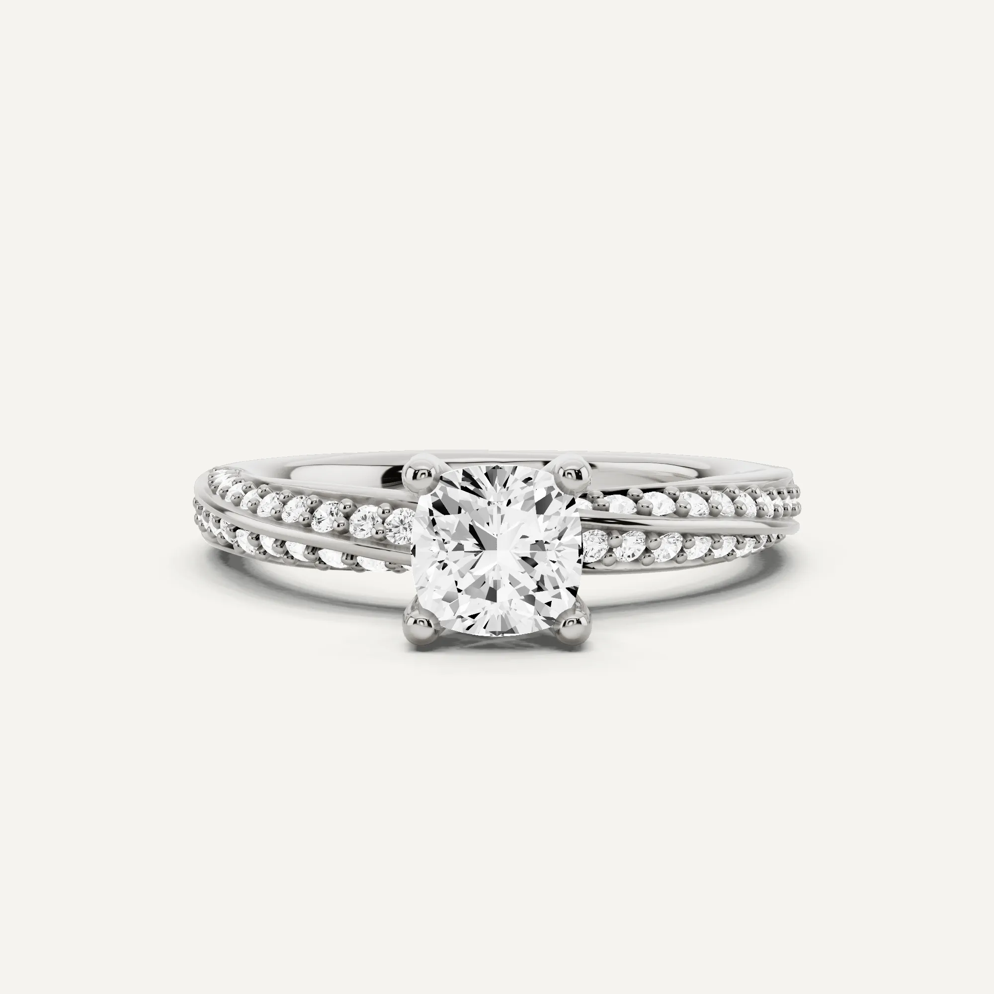1 ctw Cushion Diamond Spiral Twist Side Stone Engagement Ring