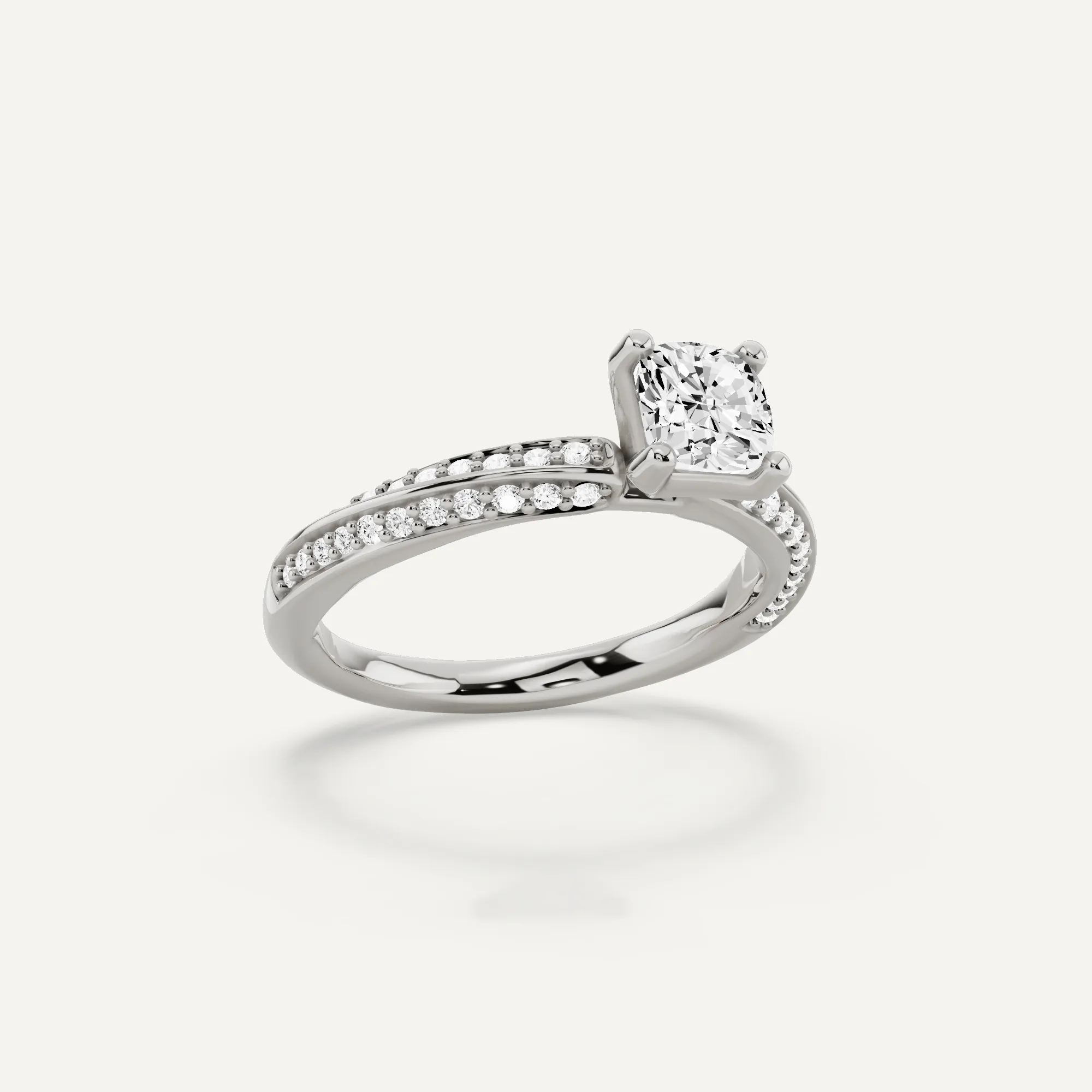 1 ctw Cushion Diamond Spiral Twist Side Stone Engagement Ring