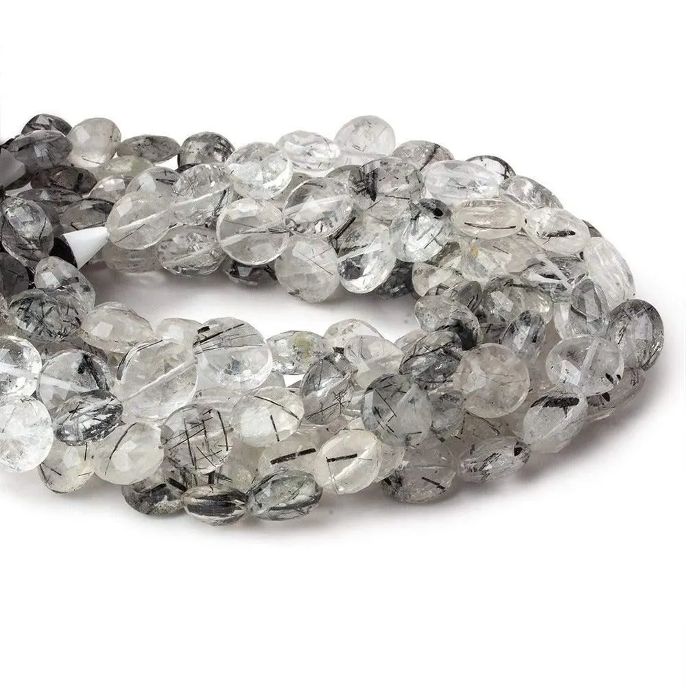 10mm Black Tourmalinated Quartz Faceted Coin 8 inch 22 beads A