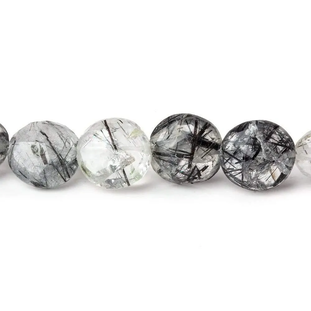 10mm Black Tourmalinated Quartz Faceted Coin 8 inch 22 beads A