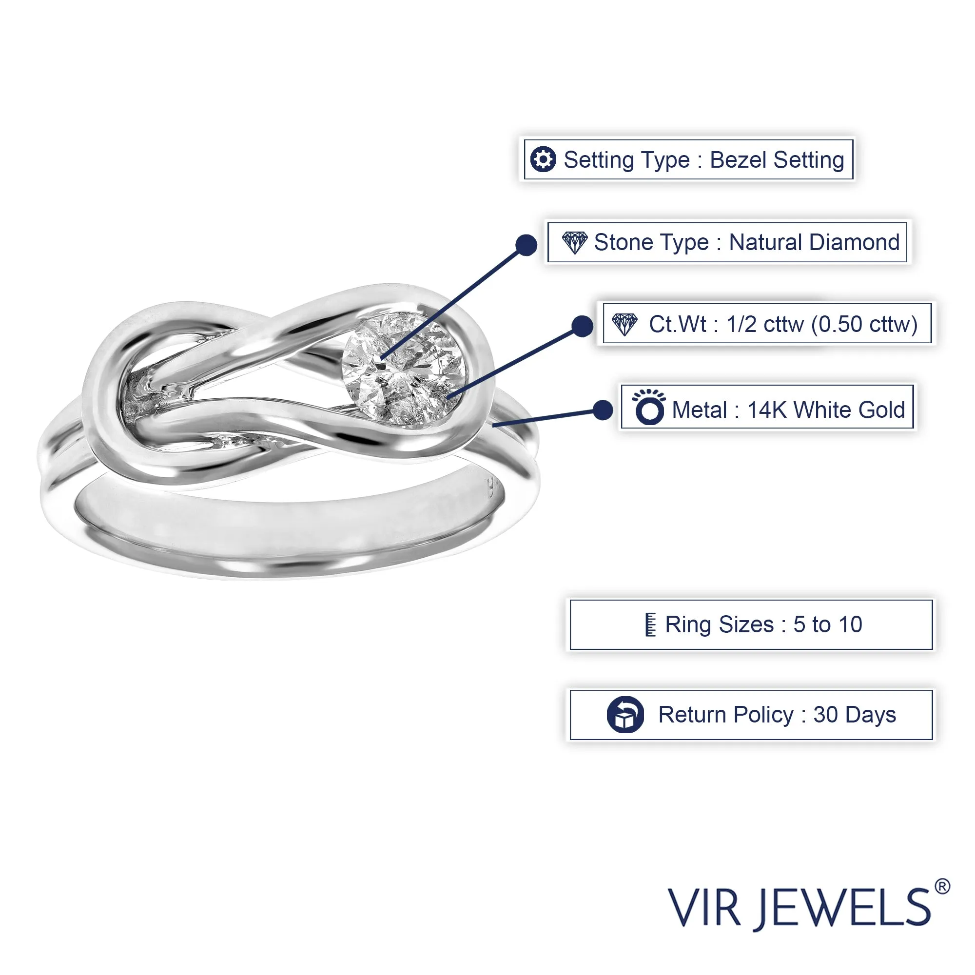 1/2 cttw Diamond Solitaire Knot Ring in 14K White Gold