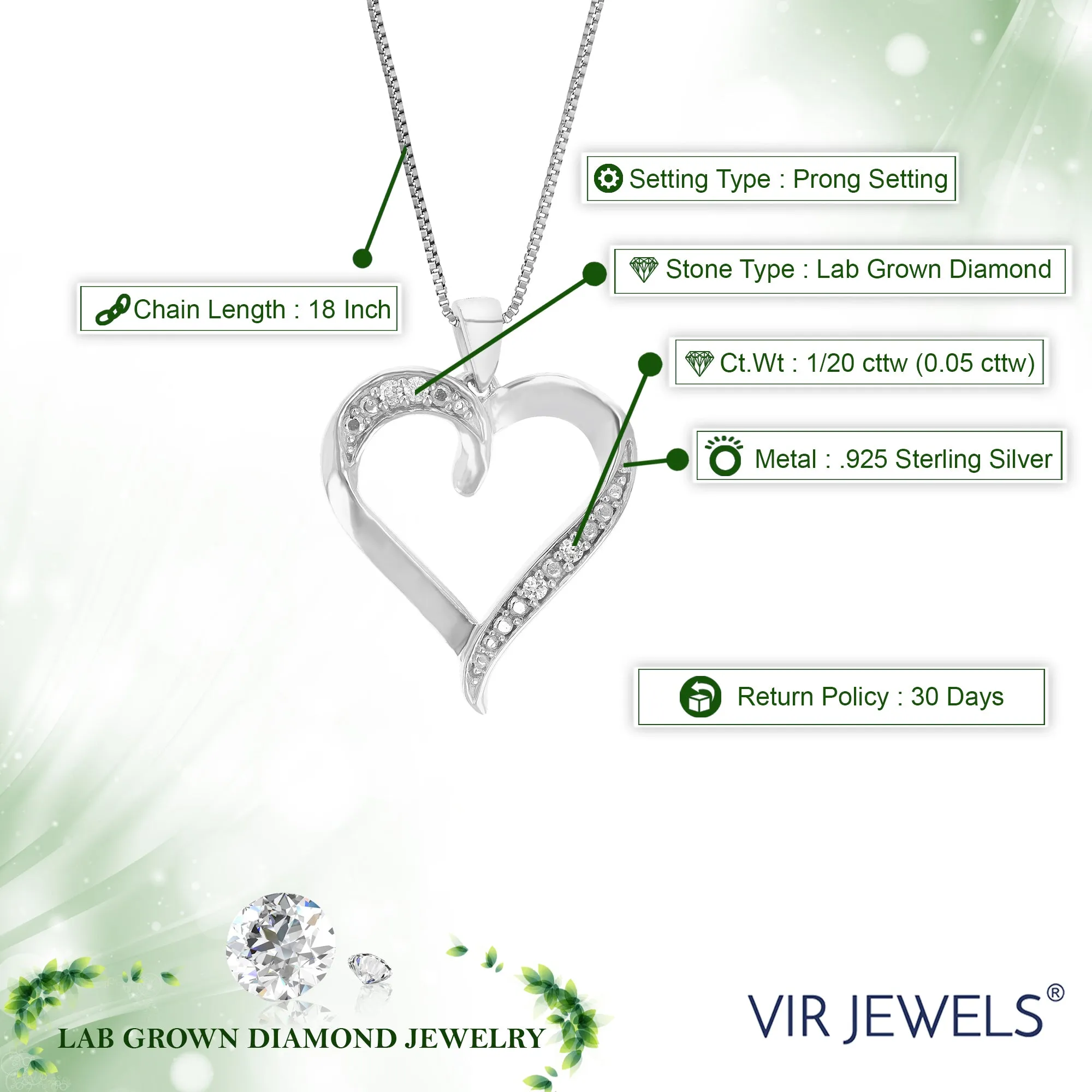 1/20 cttw Lab Grown Diamond Heart Pendant in Sterling Silver