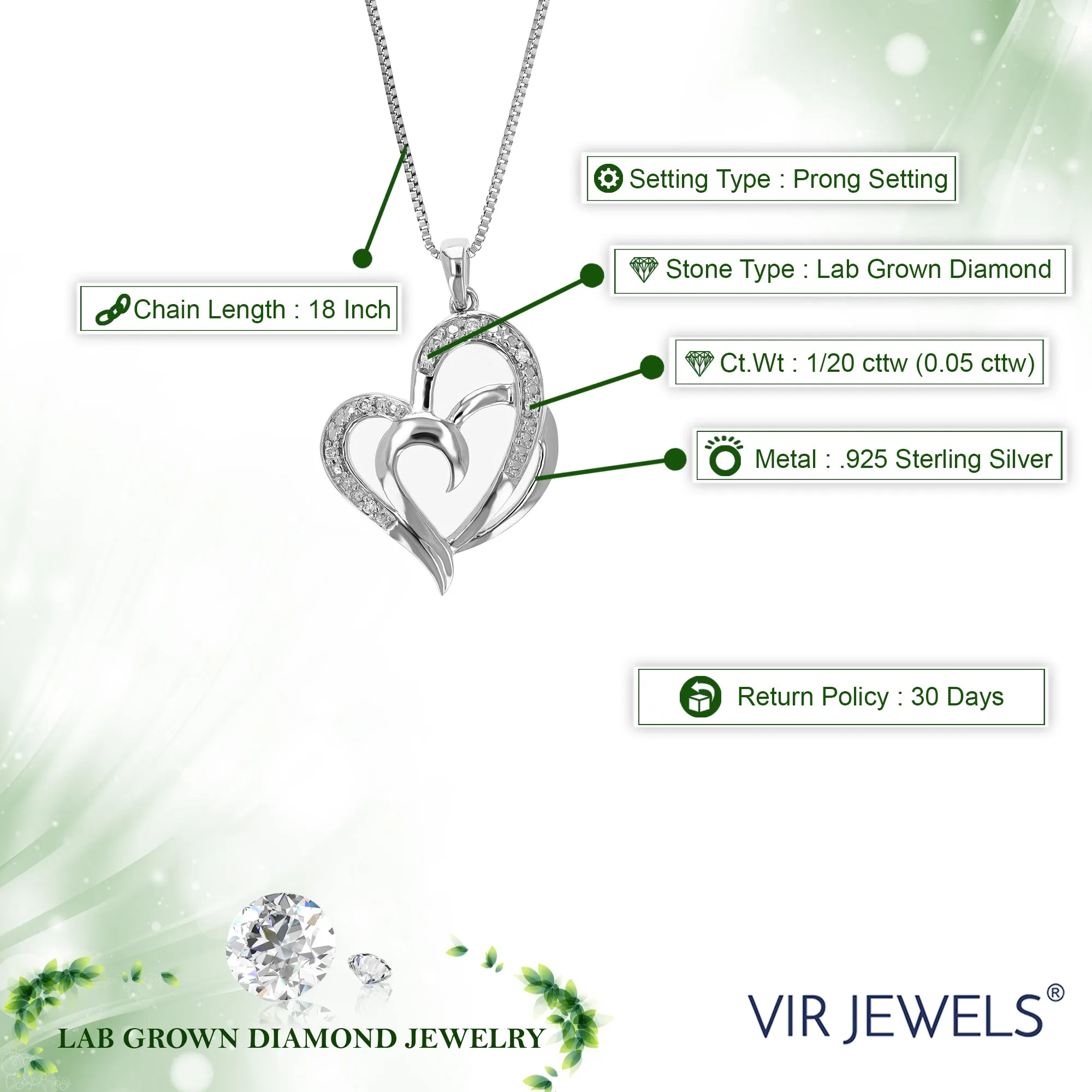 1/20 cttw Lab Grown Diamond Two Heart Love Pendant in Silver
