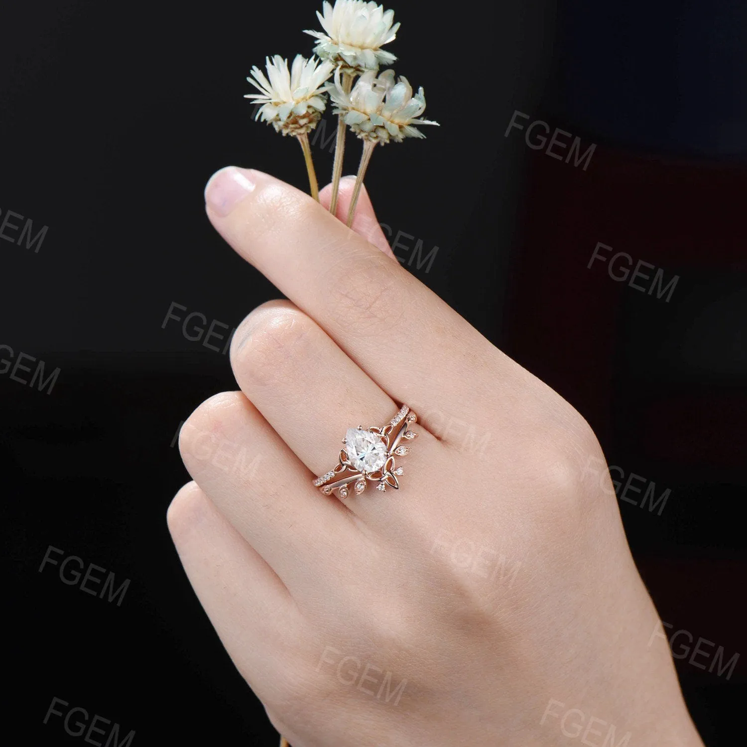 1.25ct Pear Cut Moissanite Celtic Engagement Ring Set Half Eternity Band Moissanite Diamond Trinity Knot Wedding Ring Leaf Moissanite Bridal Set