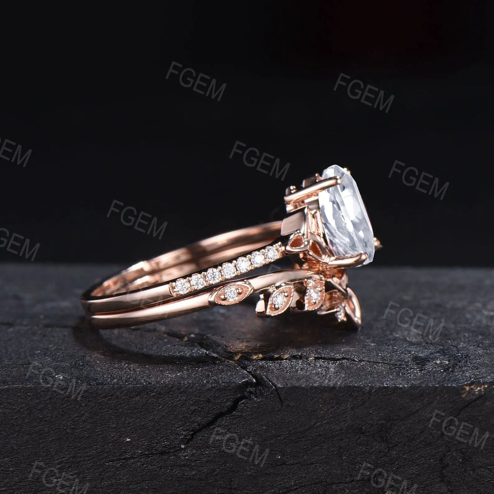 1.25ct Pear Cut Moissanite Celtic Engagement Ring Set Half Eternity Band Moissanite Diamond Trinity Knot Wedding Ring Leaf Moissanite Bridal Set
