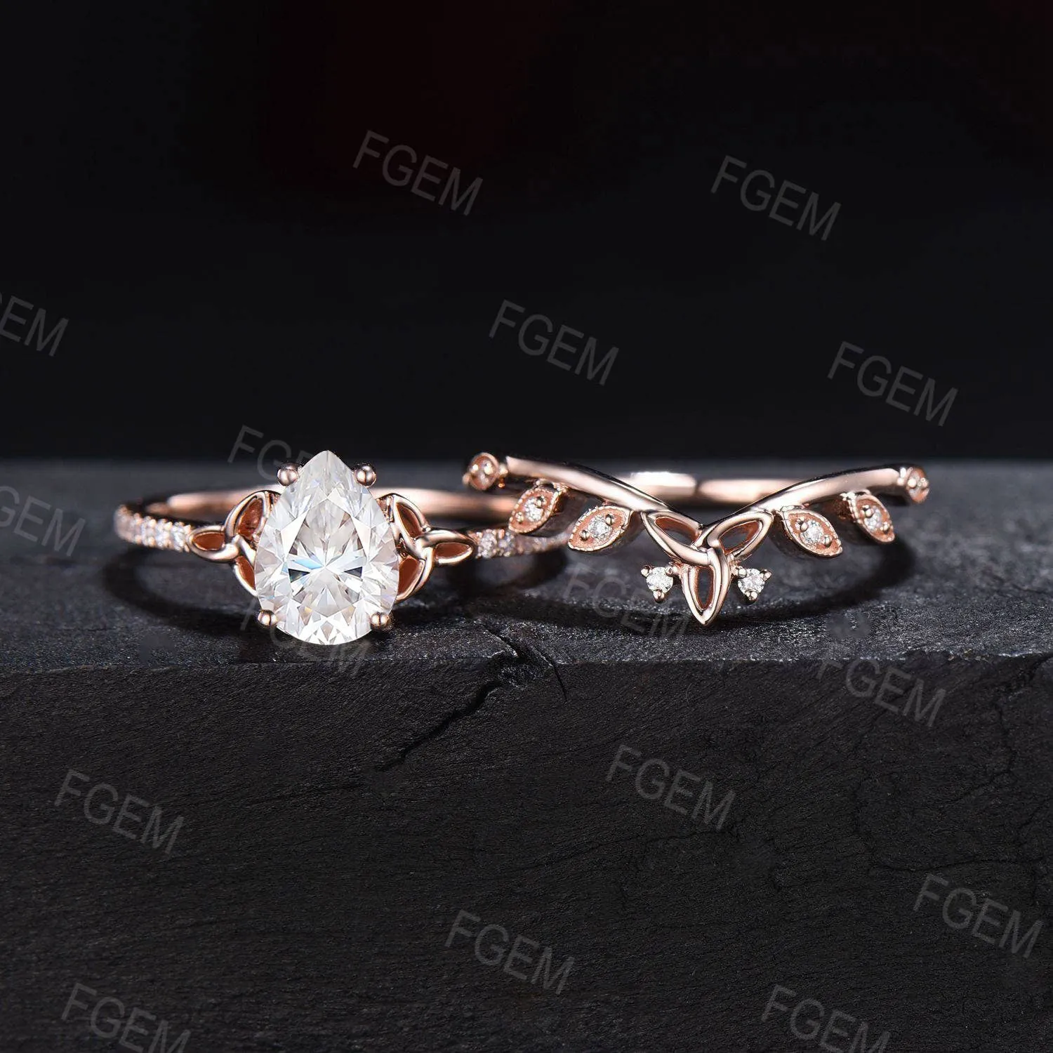1.25ct Pear Cut Moissanite Celtic Engagement Ring Set Half Eternity Band Moissanite Diamond Trinity Knot Wedding Ring Leaf Moissanite Bridal Set