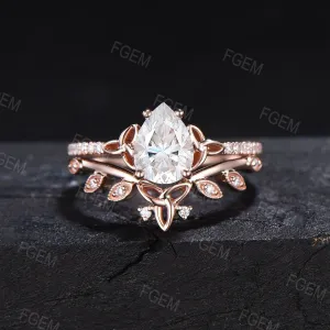 1.25ct Pear Cut Moissanite Celtic Engagement Ring Set Half Eternity Band Moissanite Diamond Trinity Knot Wedding Ring Leaf Moissanite Bridal Set