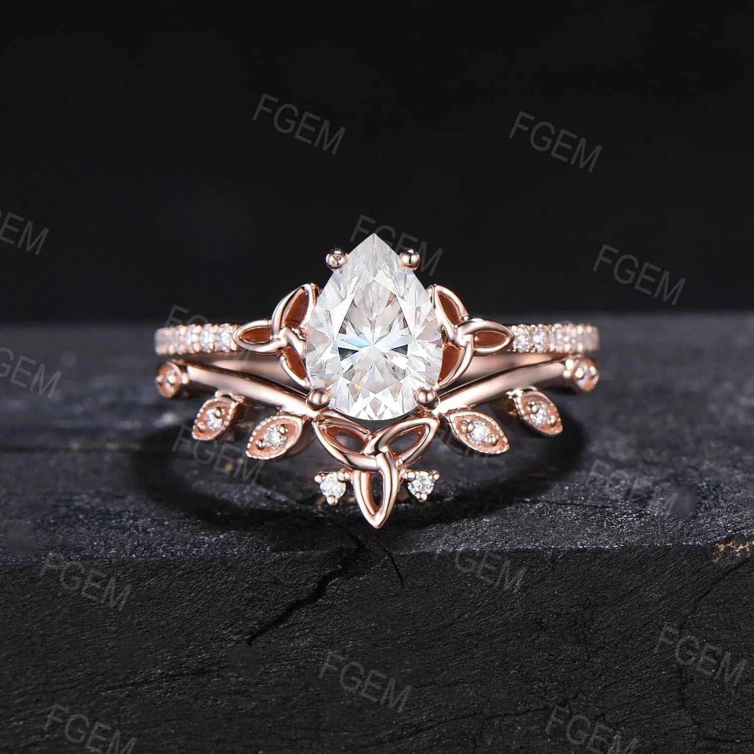 1.25ct Pear Cut Moissanite Celtic Engagement Ring Set Half Eternity Band Moissanite Diamond Trinity Knot Wedding Ring Leaf Moissanite Bridal Set