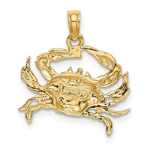 14K Yellow Gold White Rhodium Polished Textured Finish Blue Claw Claw Crab Charm Pendant