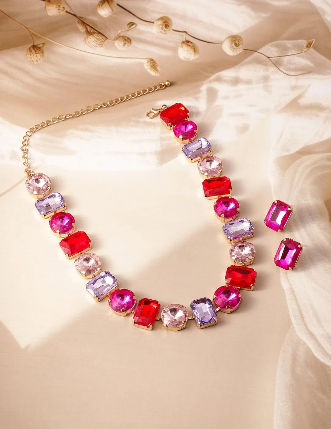 18K Gold Plated Multicolor Crystal AD Studded Statement Necklace Set