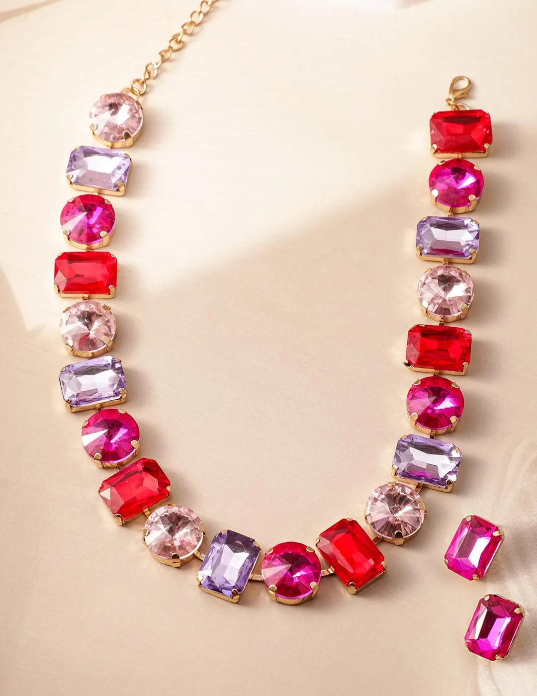 18K Gold Plated Multicolor Crystal AD Studded Statement Necklace Set