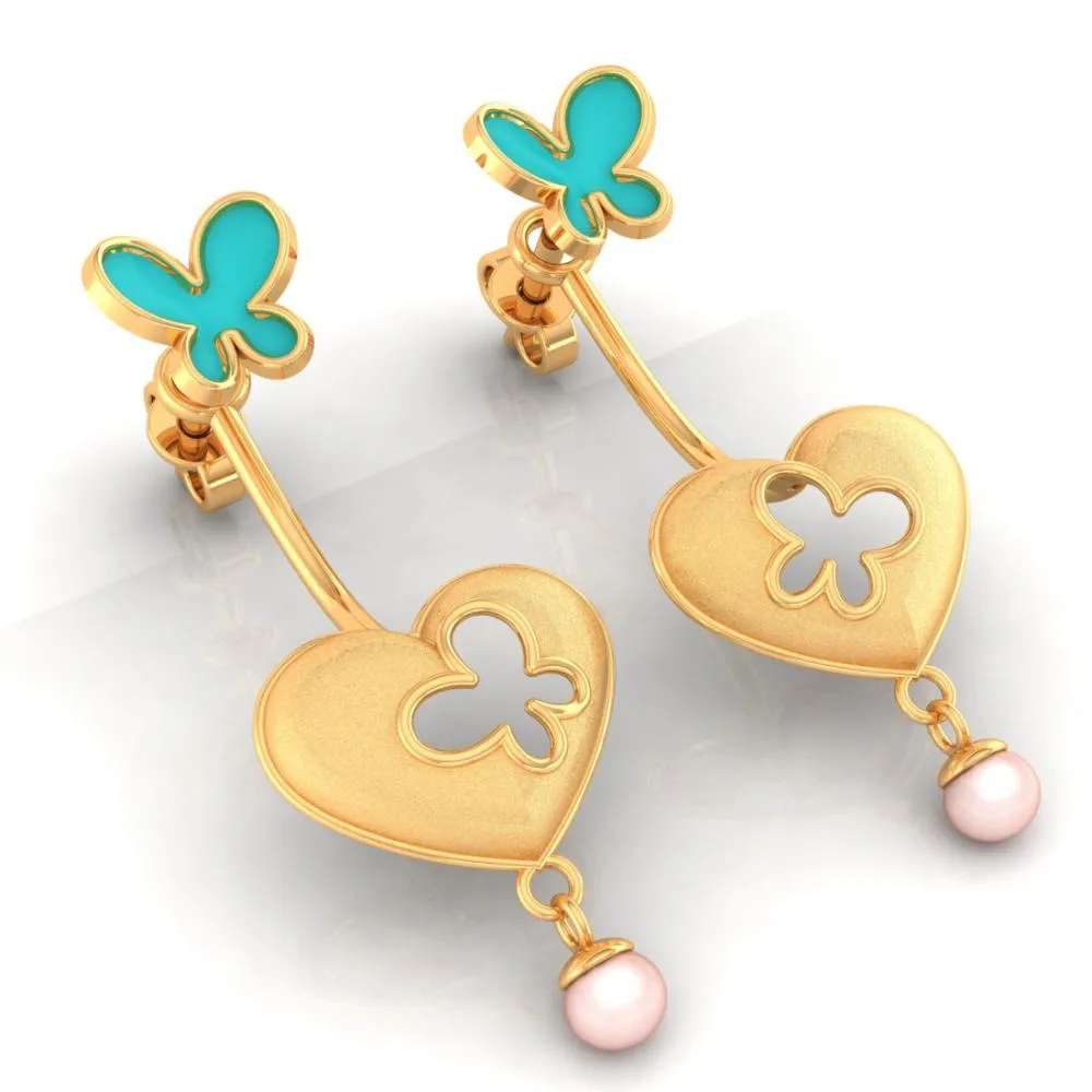 22k Heart-shaped Dangler Gold Earrings With Butterflies And Pearl Drop