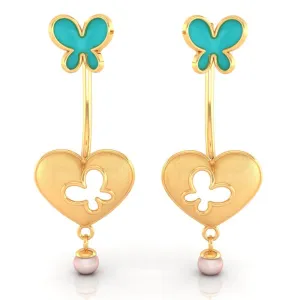 22k Heart-shaped Dangler Gold Earrings With Butterflies And Pearl Drop
