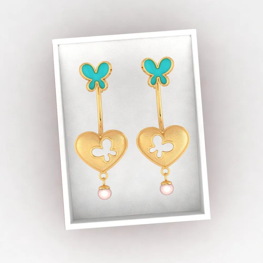 22k Heart-shaped Dangler Gold Earrings With Butterflies And Pearl Drop