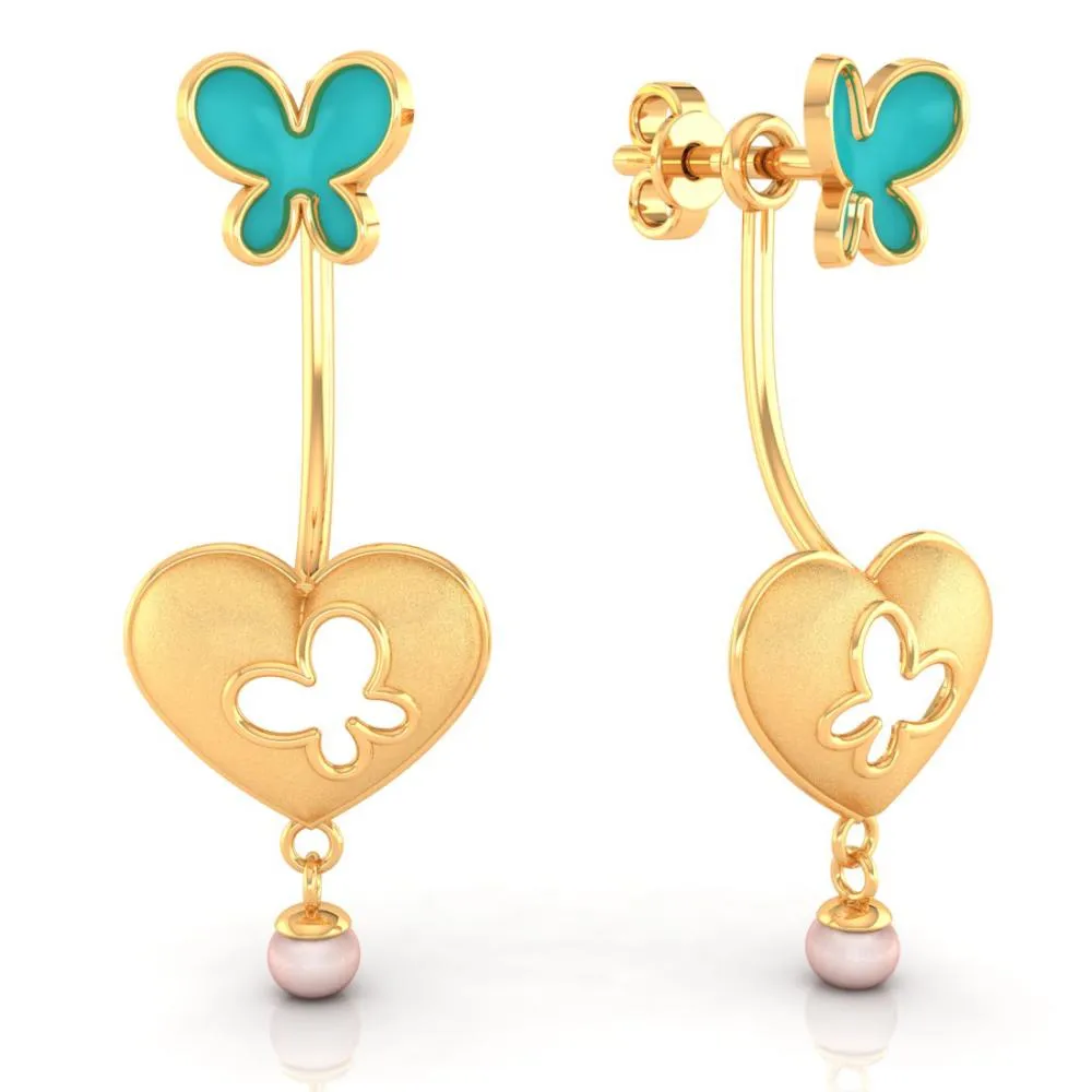 22k Heart-shaped Dangler Gold Earrings With Butterflies And Pearl Drop