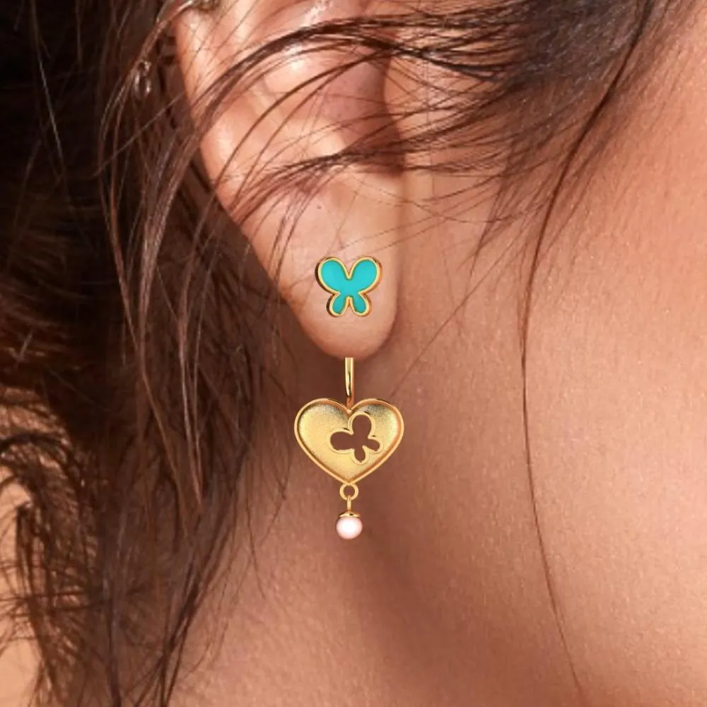 22k Heart-shaped Dangler Gold Earrings With Butterflies And Pearl Drop