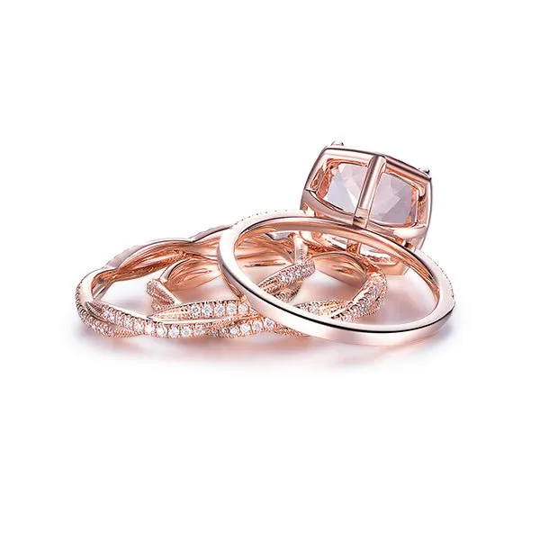 5ct Cushion Morganite Trio Bridal Set Twisted Diamond Band 14K Gold
