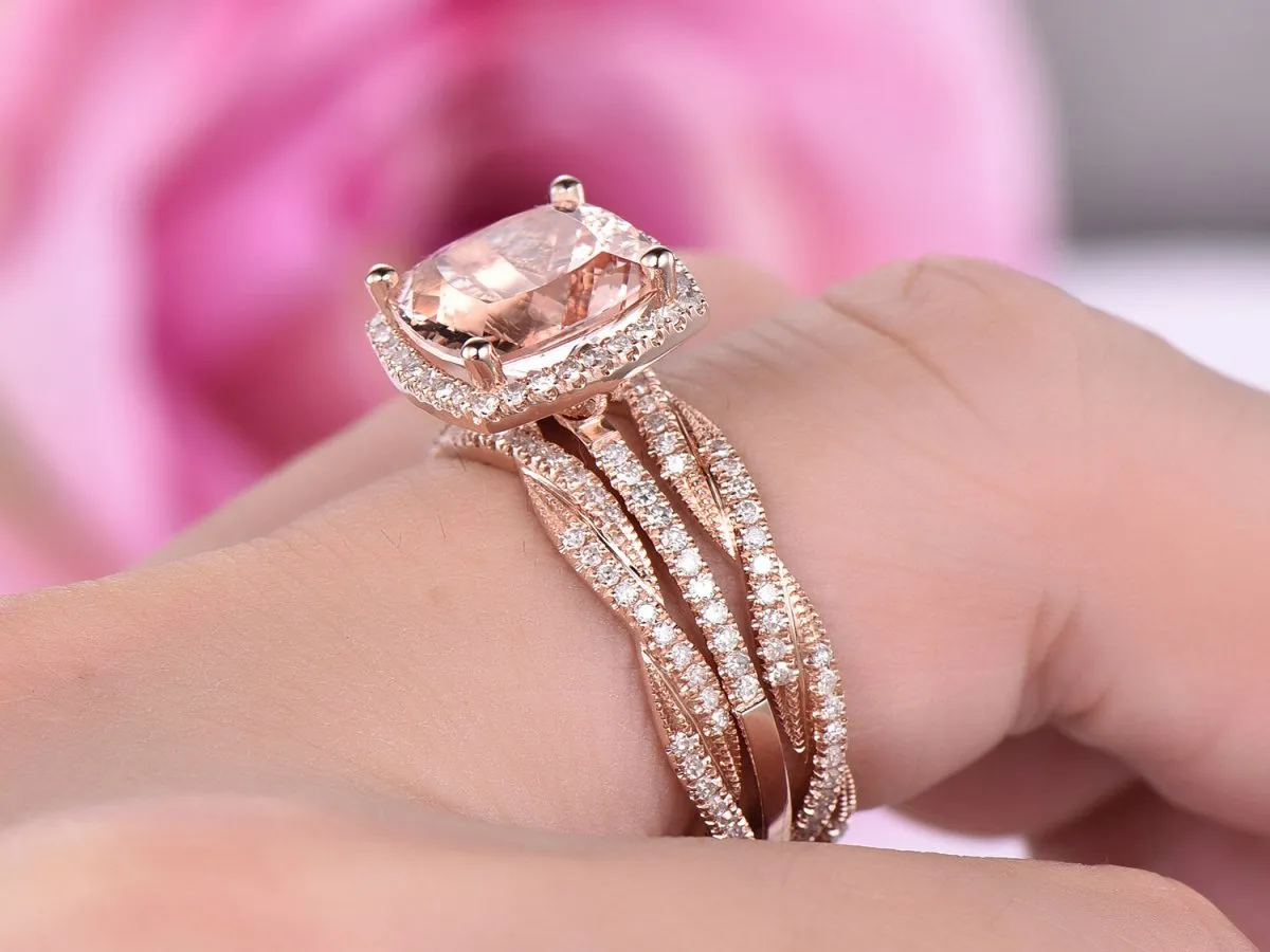 5ct Cushion Morganite Trio Bridal Set Twisted Diamond Band 14K Gold