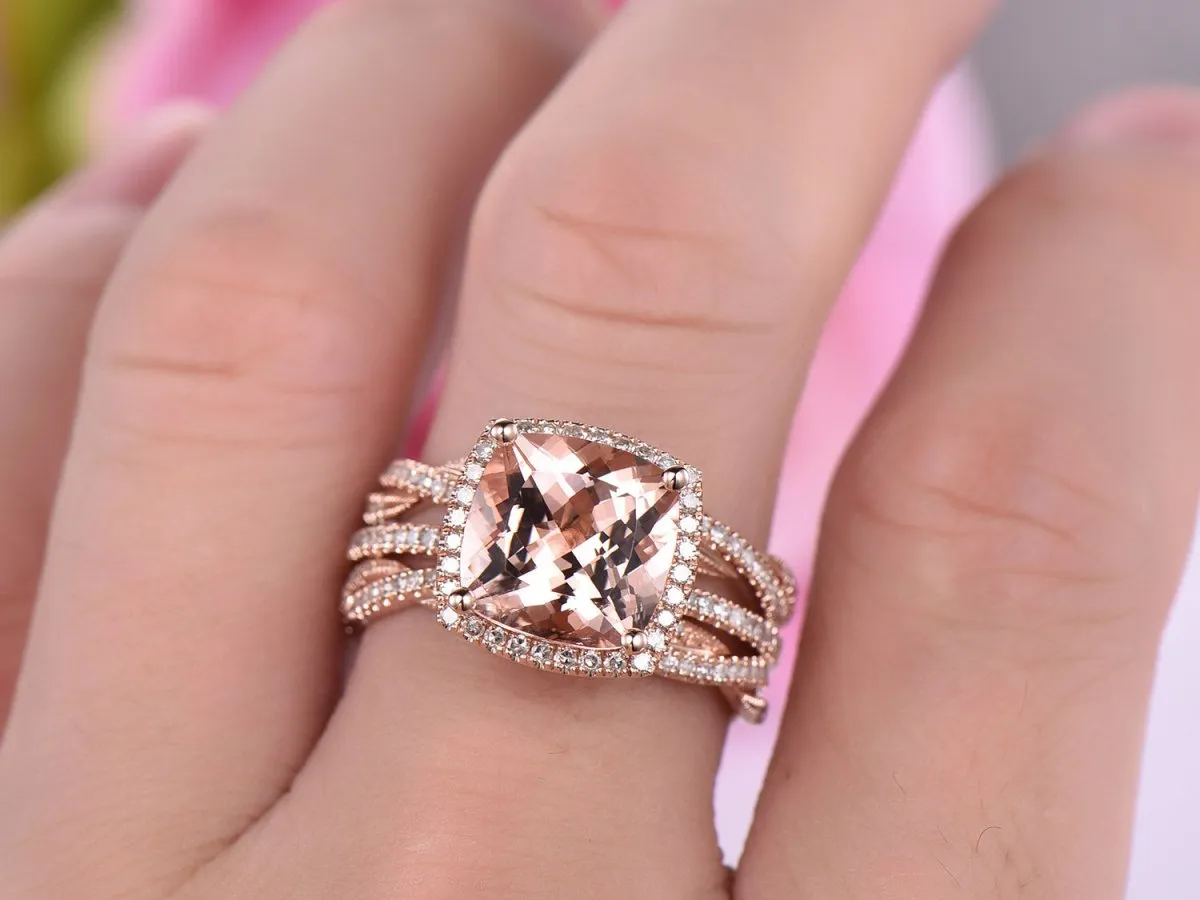 5ct Cushion Morganite Trio Bridal Set Twisted Diamond Band 14K Gold