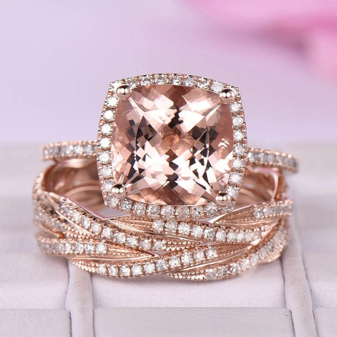 5ct Cushion Morganite Trio Bridal Set Twisted Diamond Band 14K Gold