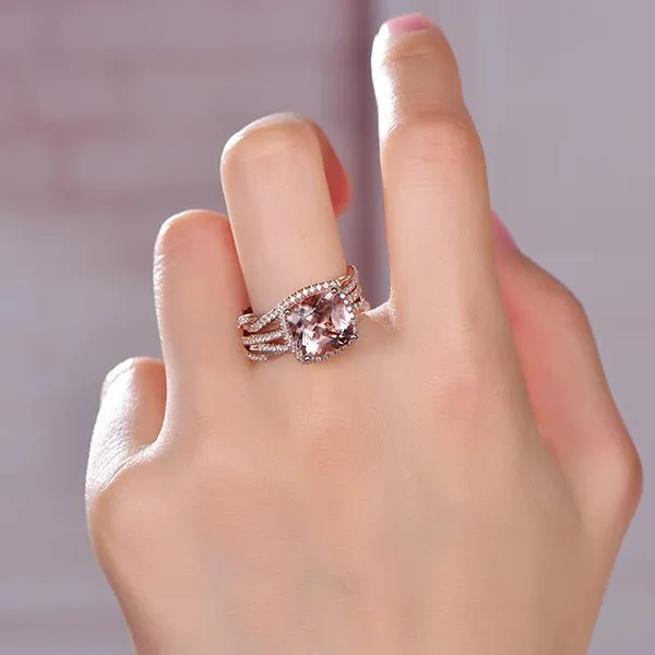 5ct Cushion Morganite Trio Bridal Set Twisted Diamond Band 14K Gold