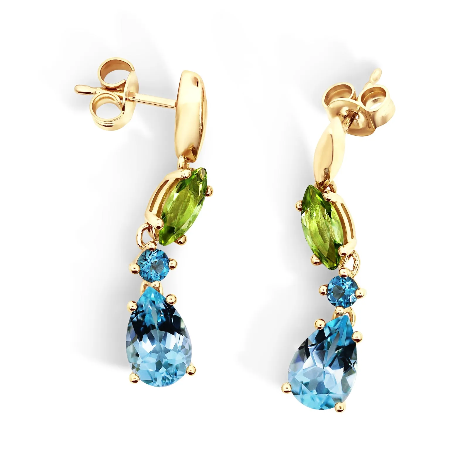 9ct Yellow Gold London Blue Topaz, Sky Blue Topaz And Peridot Drop Earrings