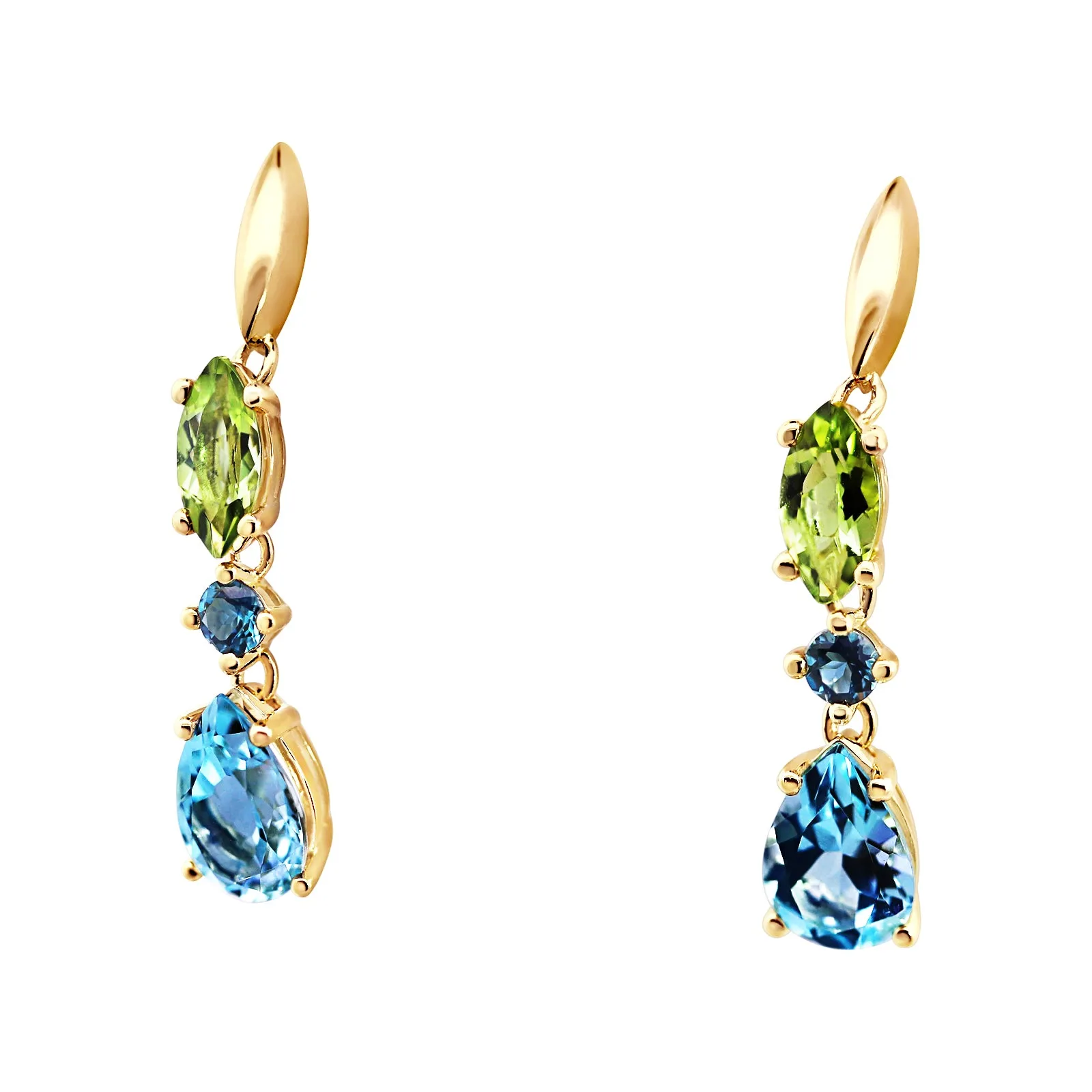 9ct Yellow Gold London Blue Topaz, Sky Blue Topaz And Peridot Drop Earrings