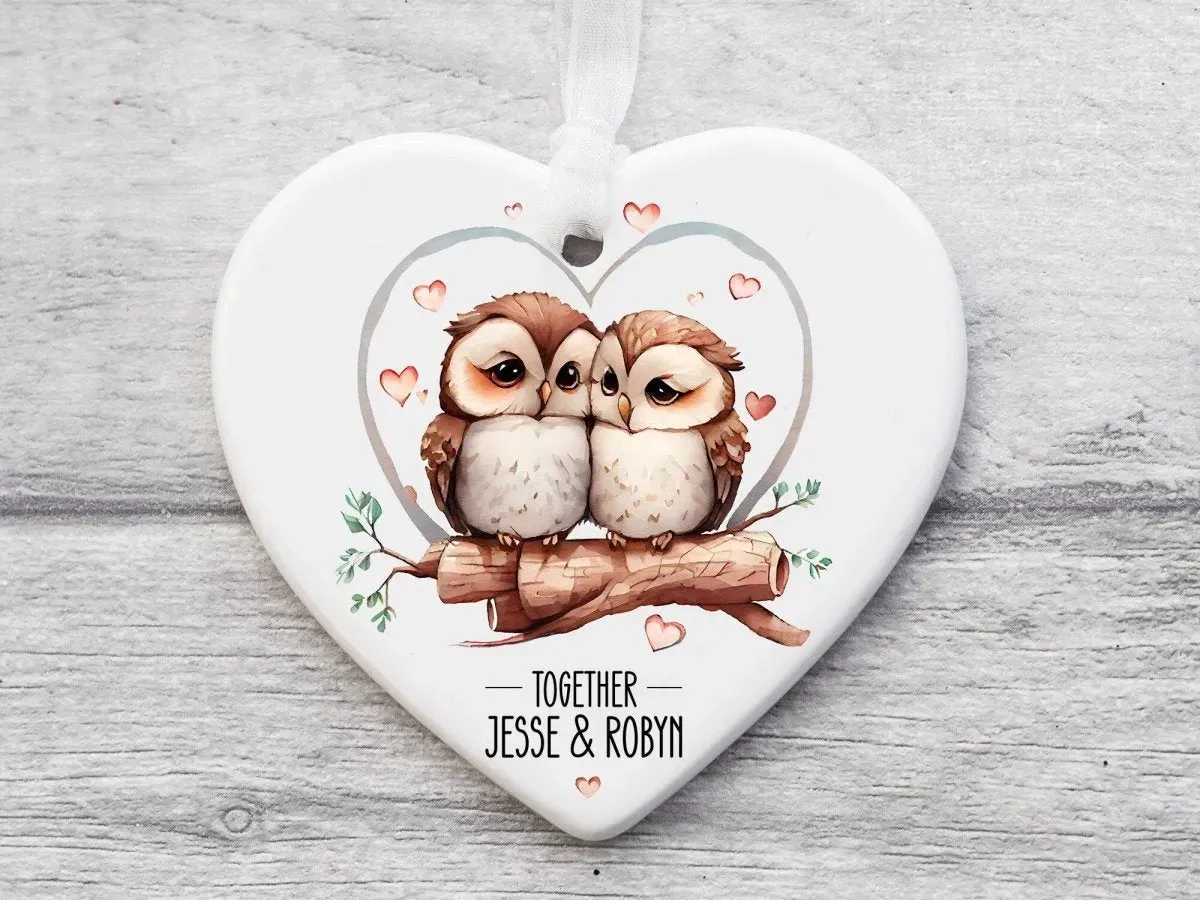 Anniversary Lovebirds - Personalised Ceramic Heart - Owl Couple Decor