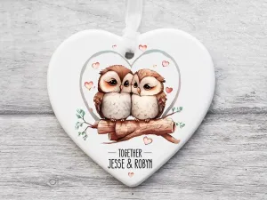 Anniversary Lovebirds - Personalised Ceramic Heart - Owl Couple Decor