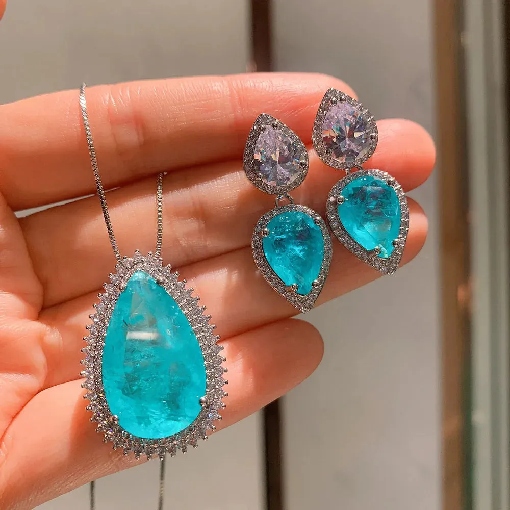 Big Pendant CZ Necklace Set With Earrings