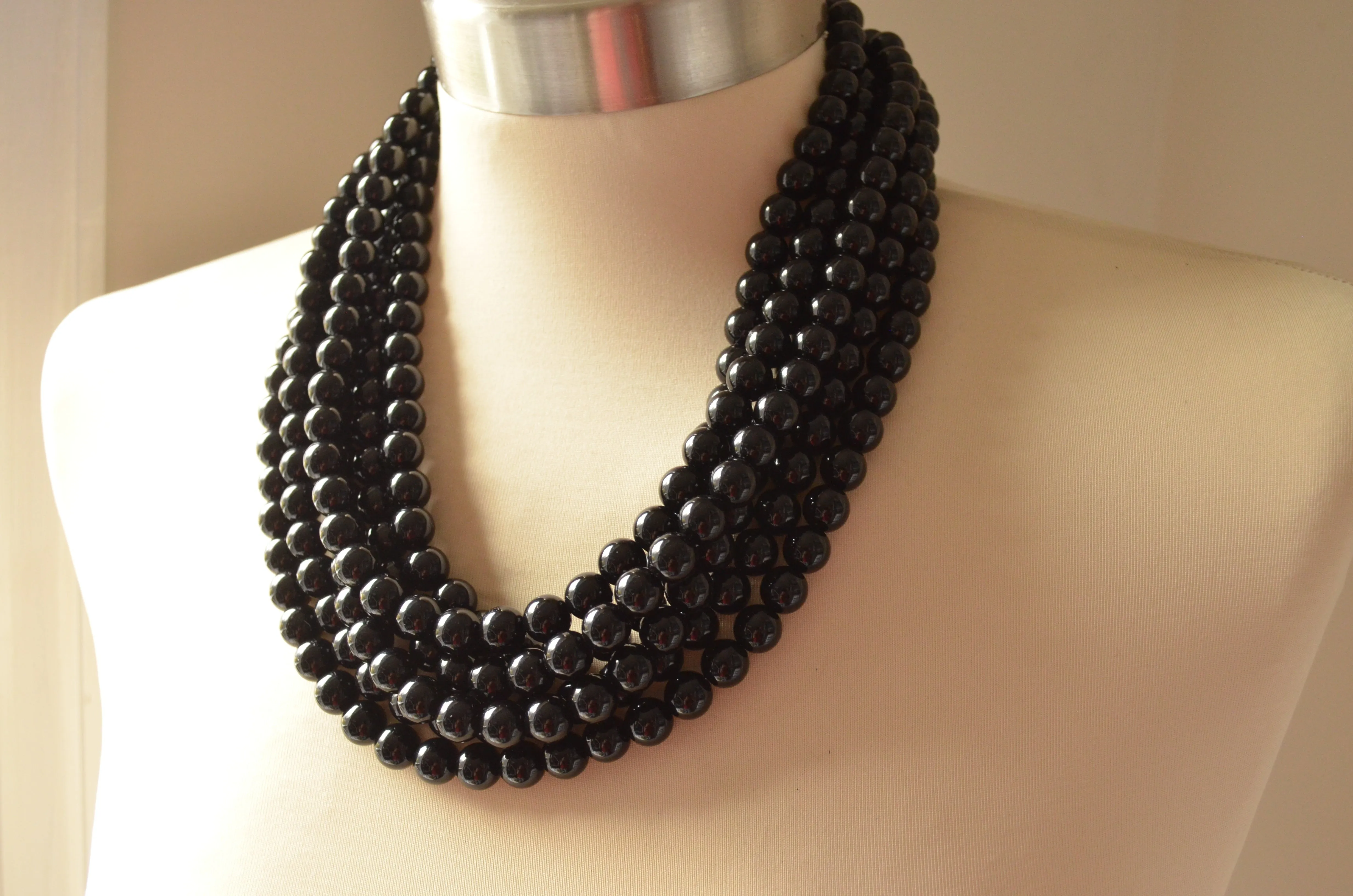 Black Acrylic Lucite Bead Chunky Multi Strand Statement Necklace - Alana