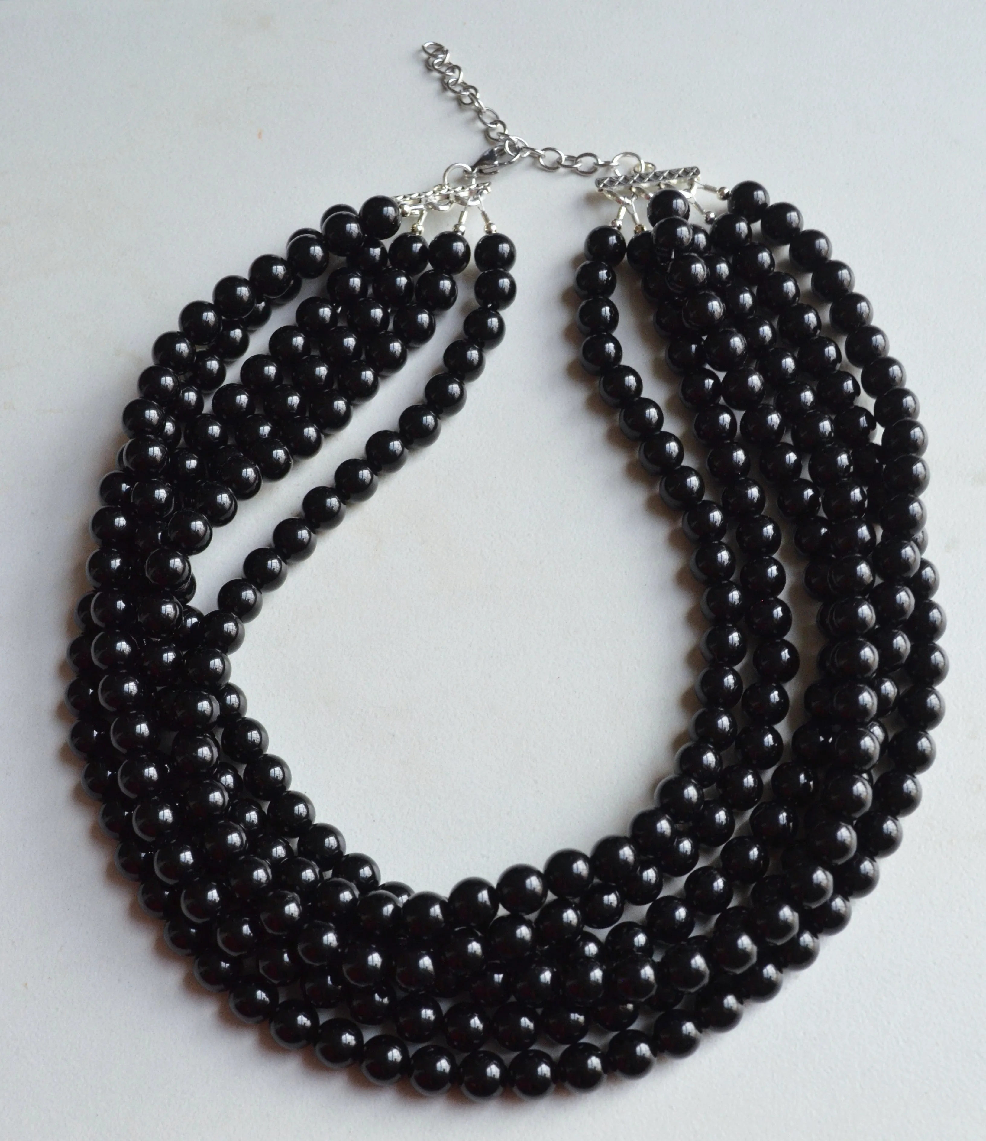 Black Acrylic Lucite Bead Chunky Multi Strand Statement Necklace - Alana