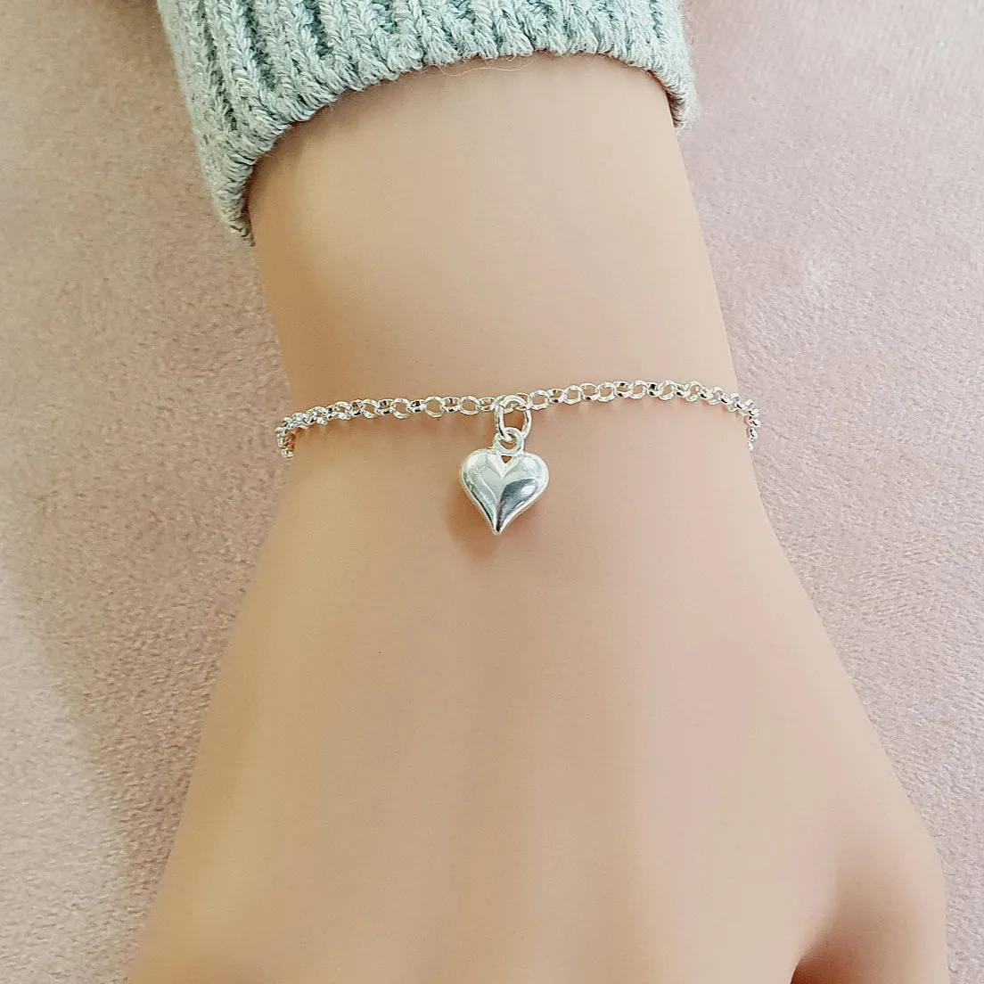 Bridesmaid Puffy Heart Bracelet in Sterling Silver 925, Personalised Jewellery Gift