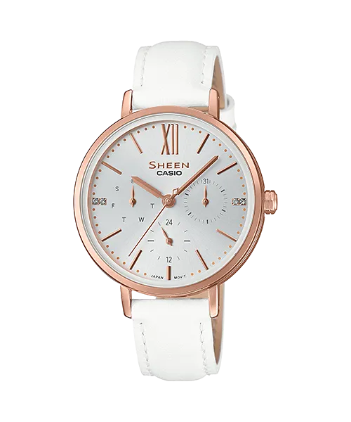 Casio Sheen Multi-Hand with SwarovskiÇ???Ç??€¸’??????’?????¶ôÇï¶ôíŸ????ƒ?ªǩ’?????¶ôÇï¶ôǝ?’?????¶ôÇï¶ôíŸ?ǯ¶ôÇû¶ô¶©?’?????¶ôÇï¶ôǝ???’??ǯ¶ôÇû¶ô¶©? Crystals White Leather Strap Watch SHE3064PGL-7A SHE-3064PGL-7A