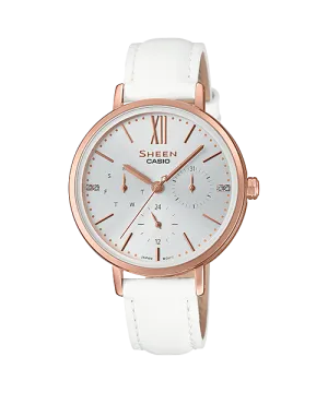 Casio Sheen Multi-Hand with SwarovskiÇ???Ç??€¸’??????’?????¶ôÇï¶ôíŸ????ƒ?ªǩ’?????¶ôÇï¶ôǝ?’?????¶ôÇï¶ôíŸ?ǯ¶ôÇû¶ô¶©?’?????¶ôÇï¶ôǝ???’??ǯ¶ôÇû¶ô¶©? Crystals White Leather Strap Watch SHE3064PGL-7A SHE-3064PGL-7A