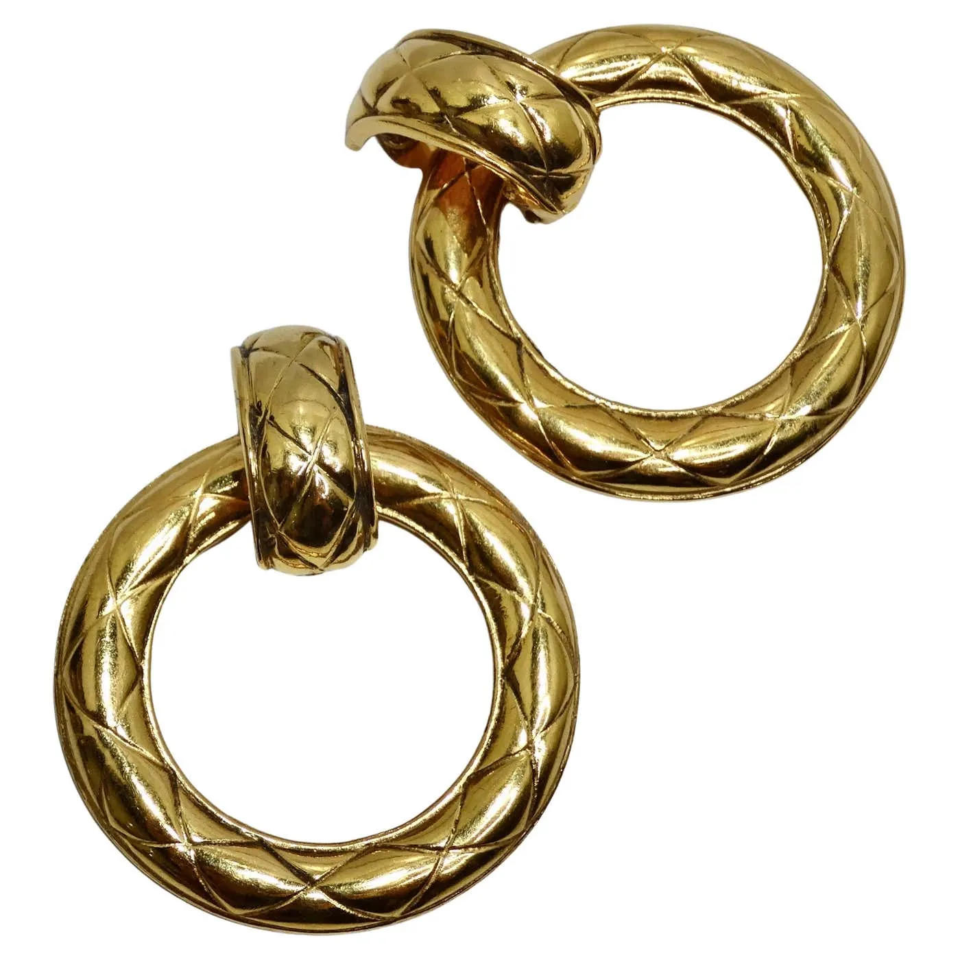 Chanel 1980s Gold Tone Quilted Hoop Earrings