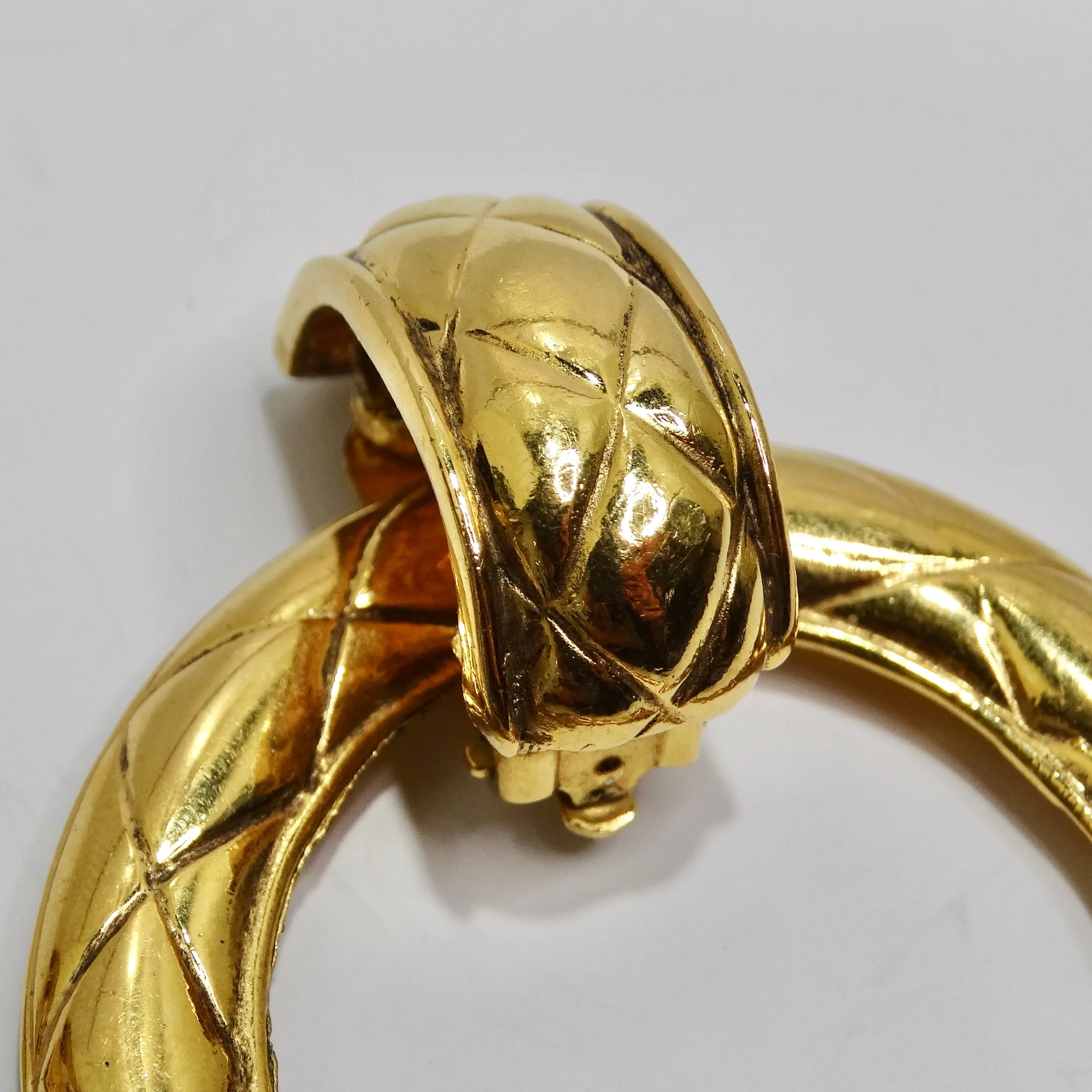 Chanel 1980s Gold Tone Quilted Hoop Earrings