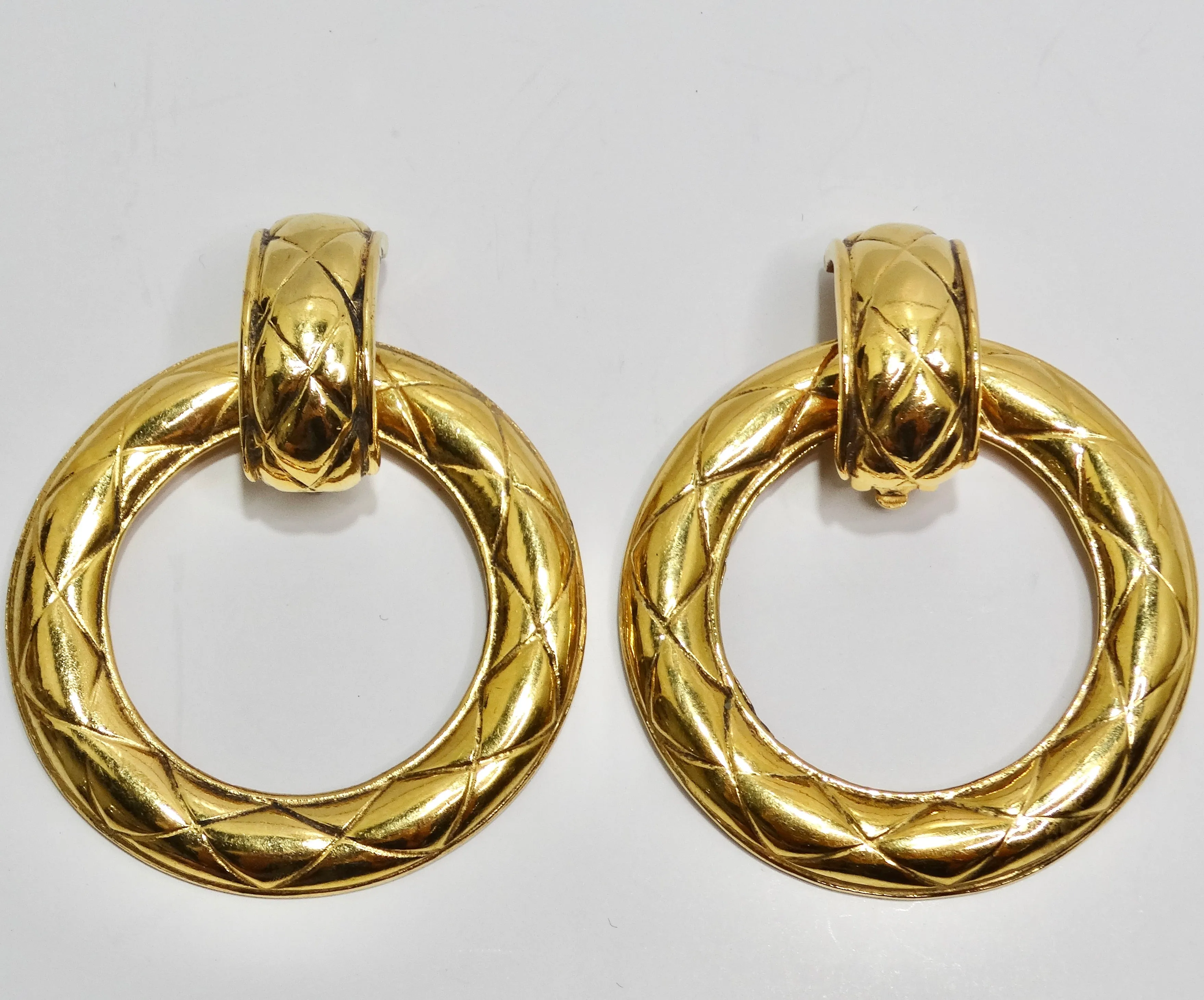 Chanel 1980s Gold Tone Quilted Hoop Earrings