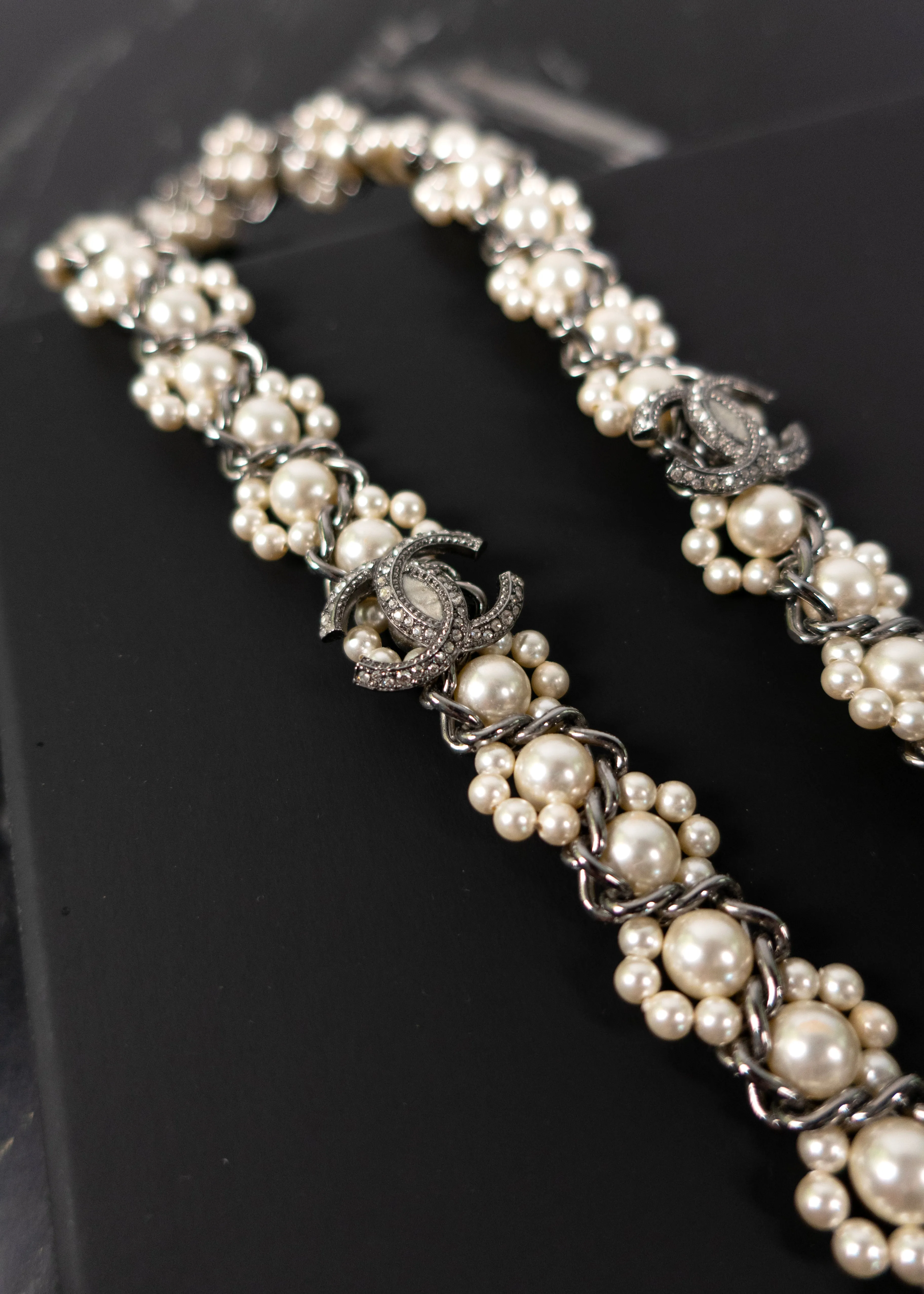 Chanel Pearl & Strass Lanvard CC Logo Pendant Necklace