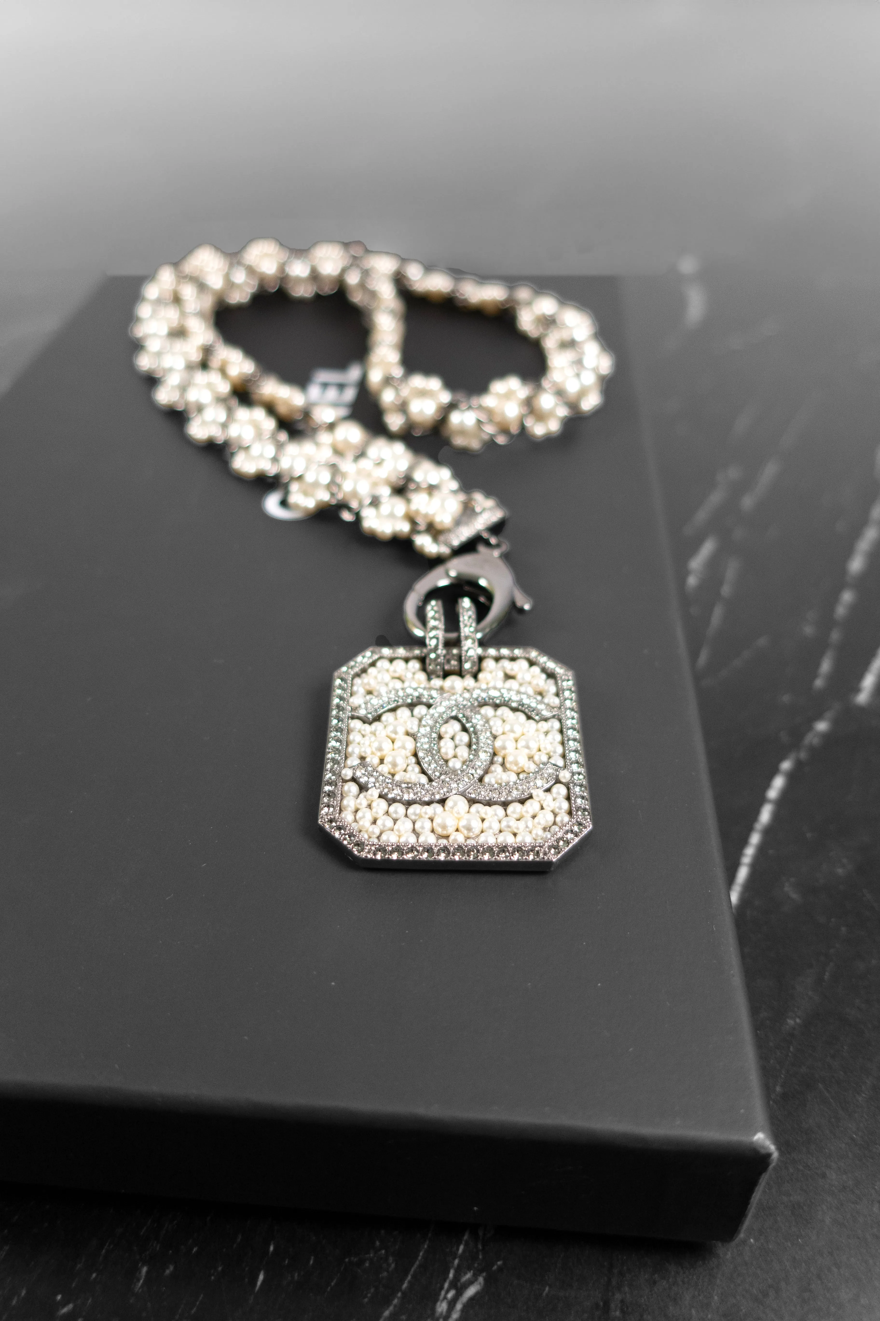 Chanel Pearl & Strass Lanvard CC Logo Pendant Necklace