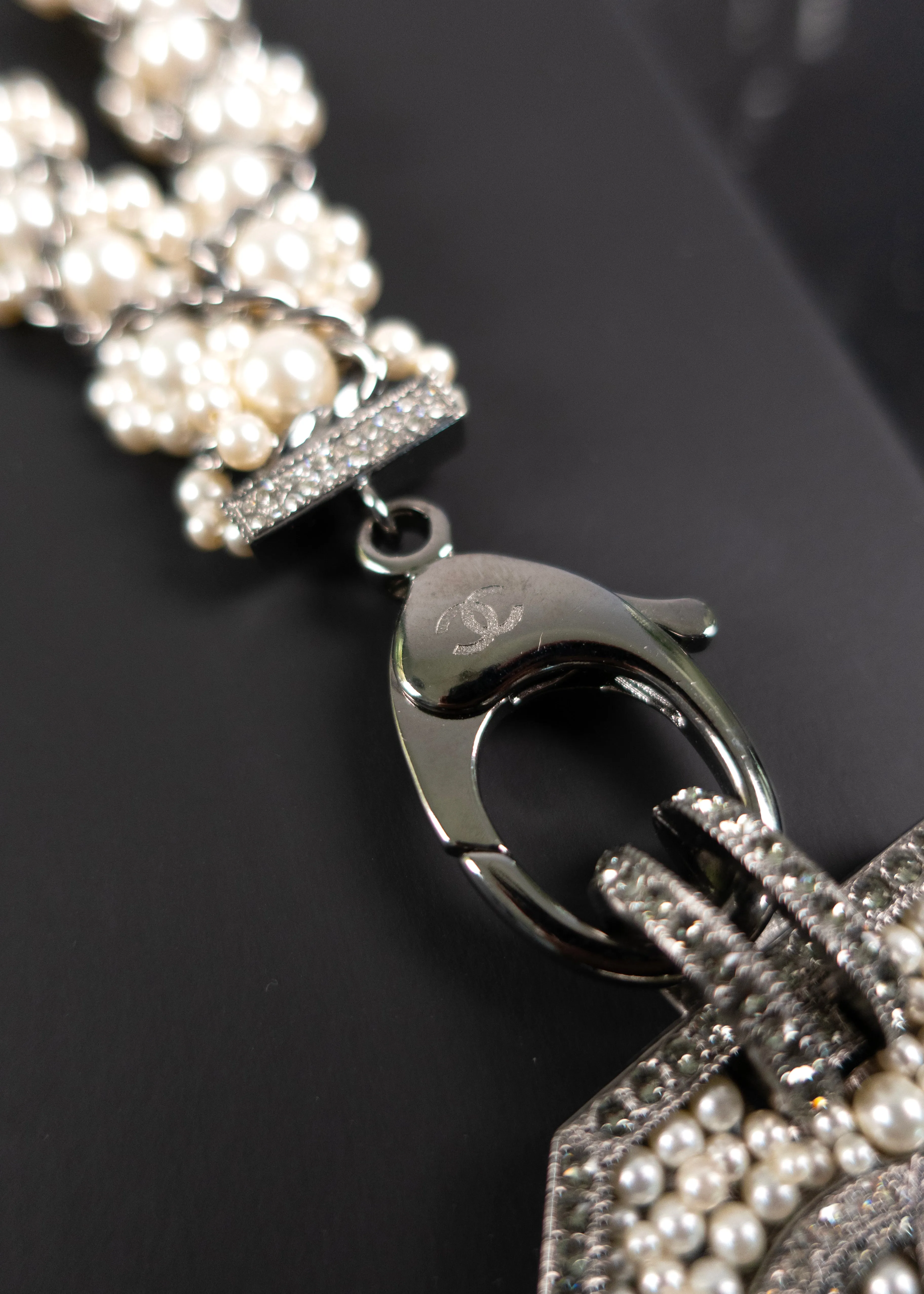 Chanel Pearl & Strass Lanvard CC Logo Pendant Necklace