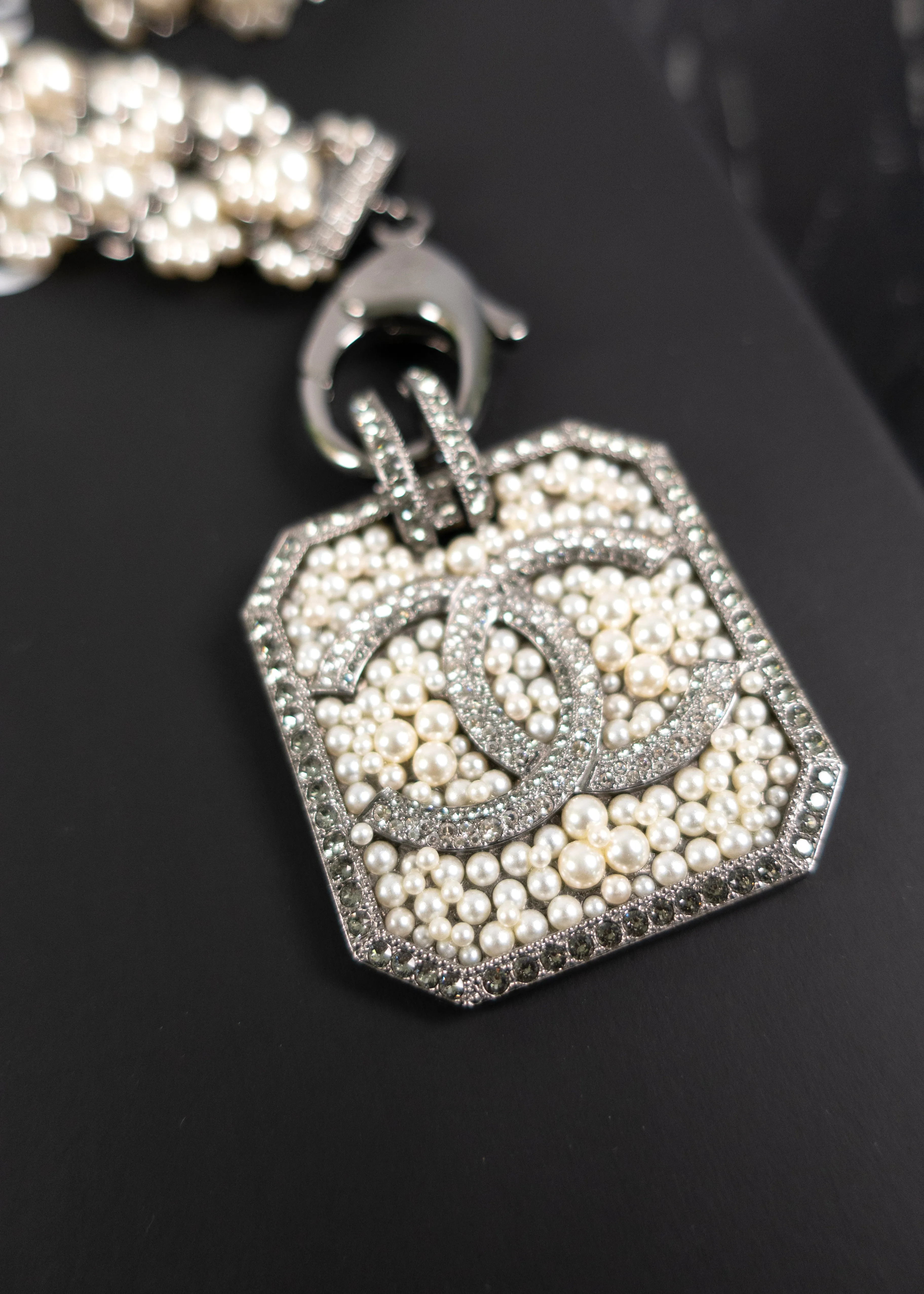 Chanel Pearl & Strass Lanvard CC Logo Pendant Necklace