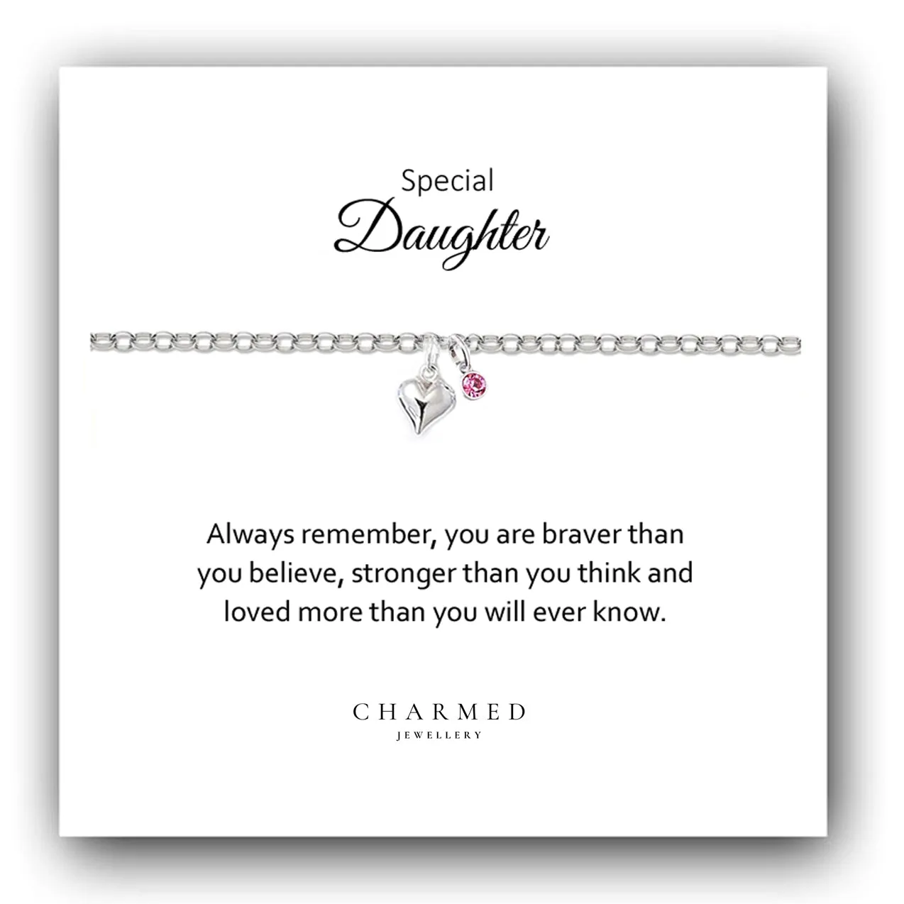 Daughter Puffy Heart Bracelet with Birthstone in Sterling Silver 925, Personalised Jewellery Gift