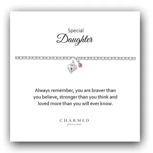 Daughter Puffy Heart Bracelet with Birthstone in Sterling Silver 925, Personalised Jewellery Gift