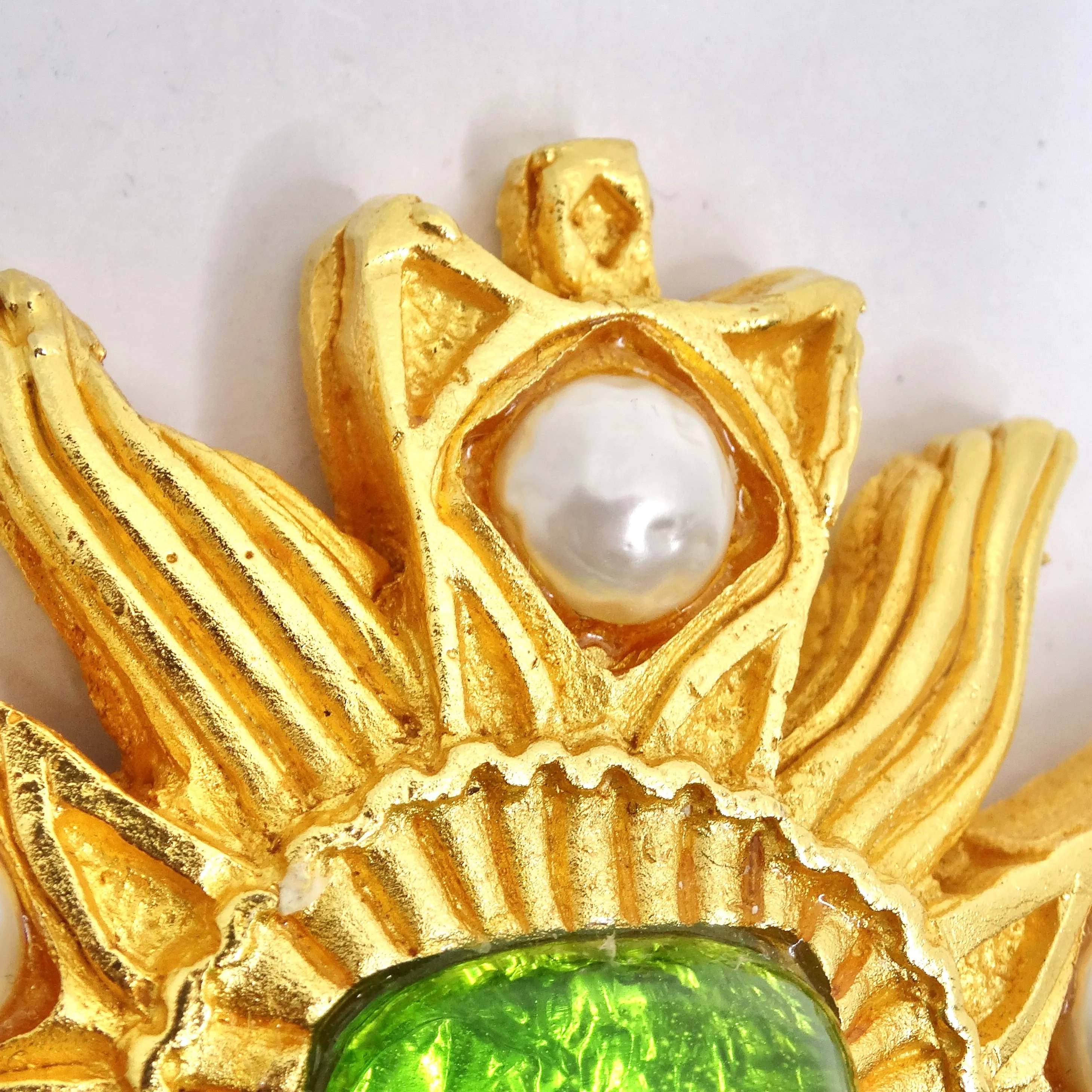 Dominque Aurientis Paris 1980s Gold Tone Flower Brooch & Earrings Set