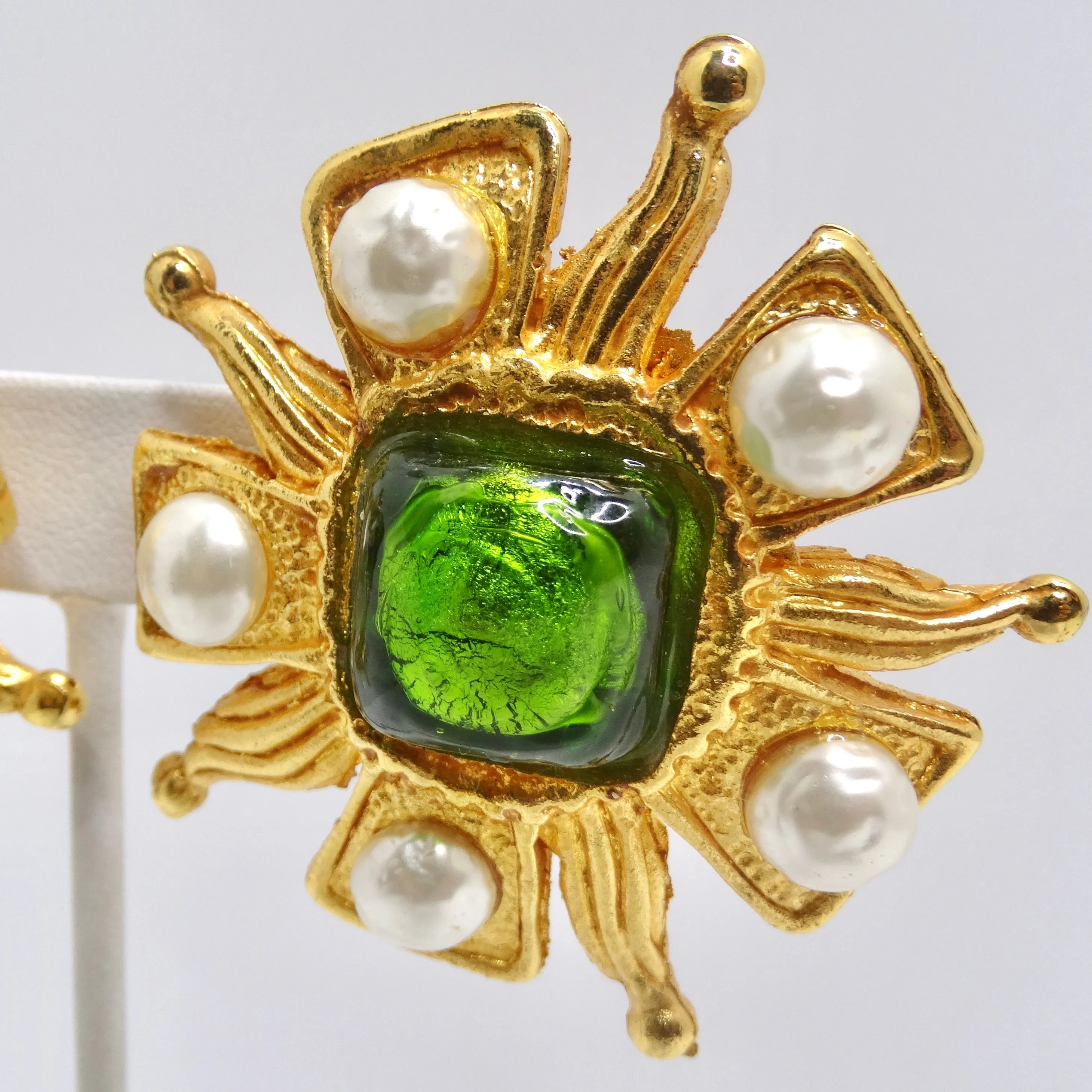Dominque Aurientis Paris 1980s Gold Tone Flower Brooch & Earrings Set