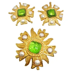 Dominque Aurientis Paris 1980s Gold Tone Flower Brooch & Earrings Set