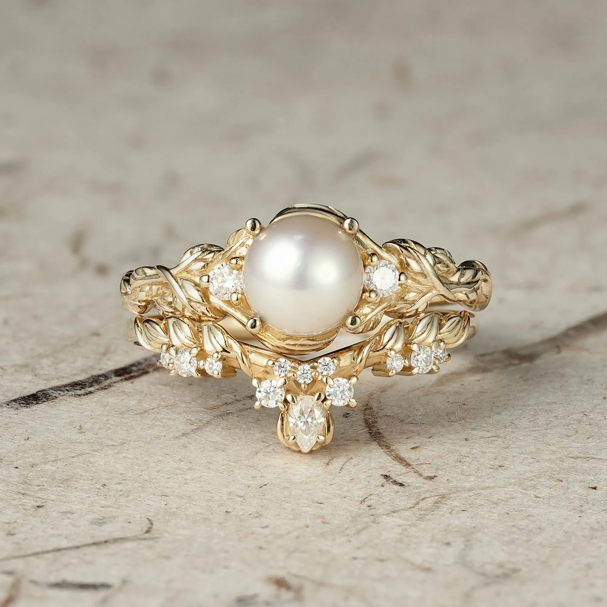 Embrace of Nature: Pearl Leaf Ring Set