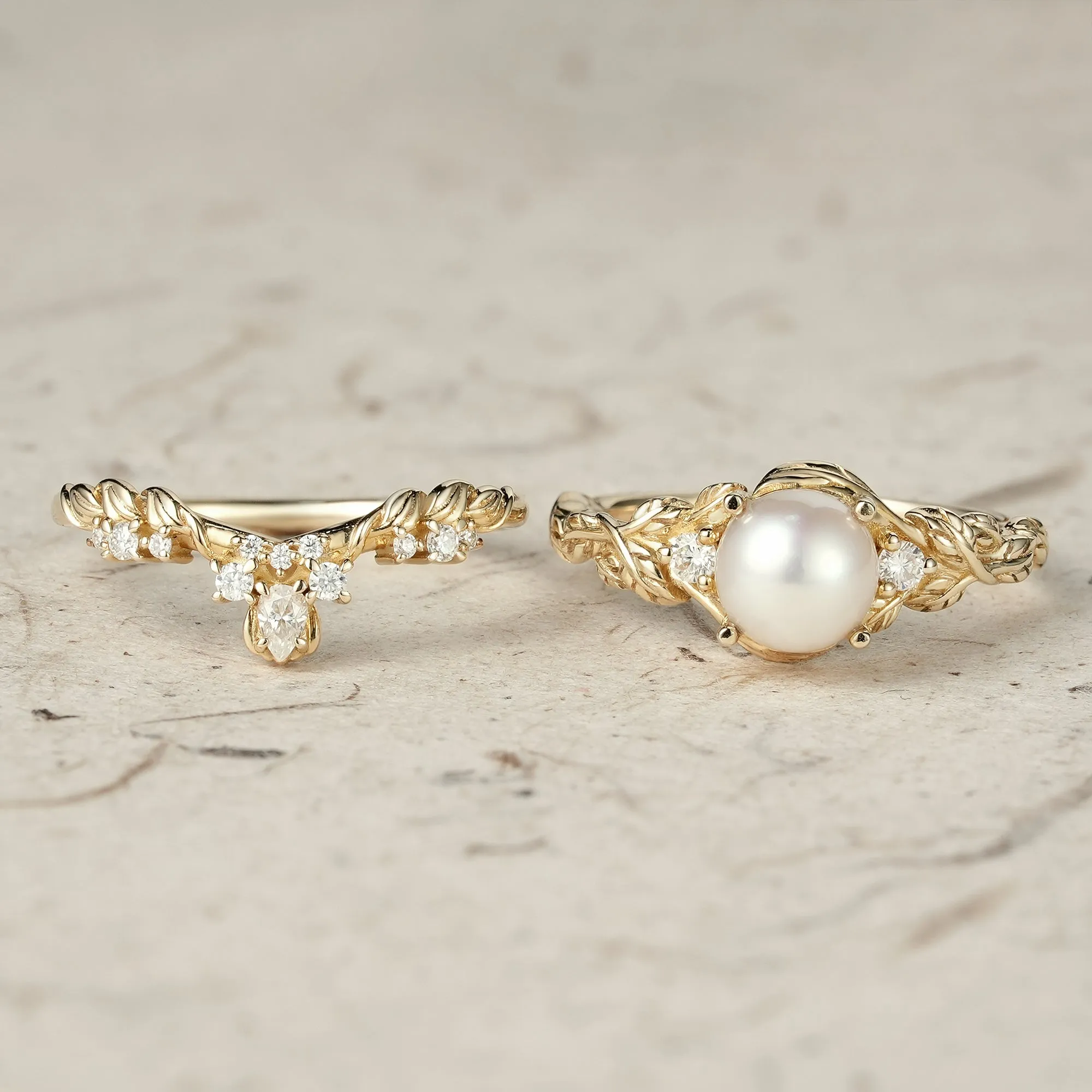 Embrace of Nature: Pearl Leaf Ring Set